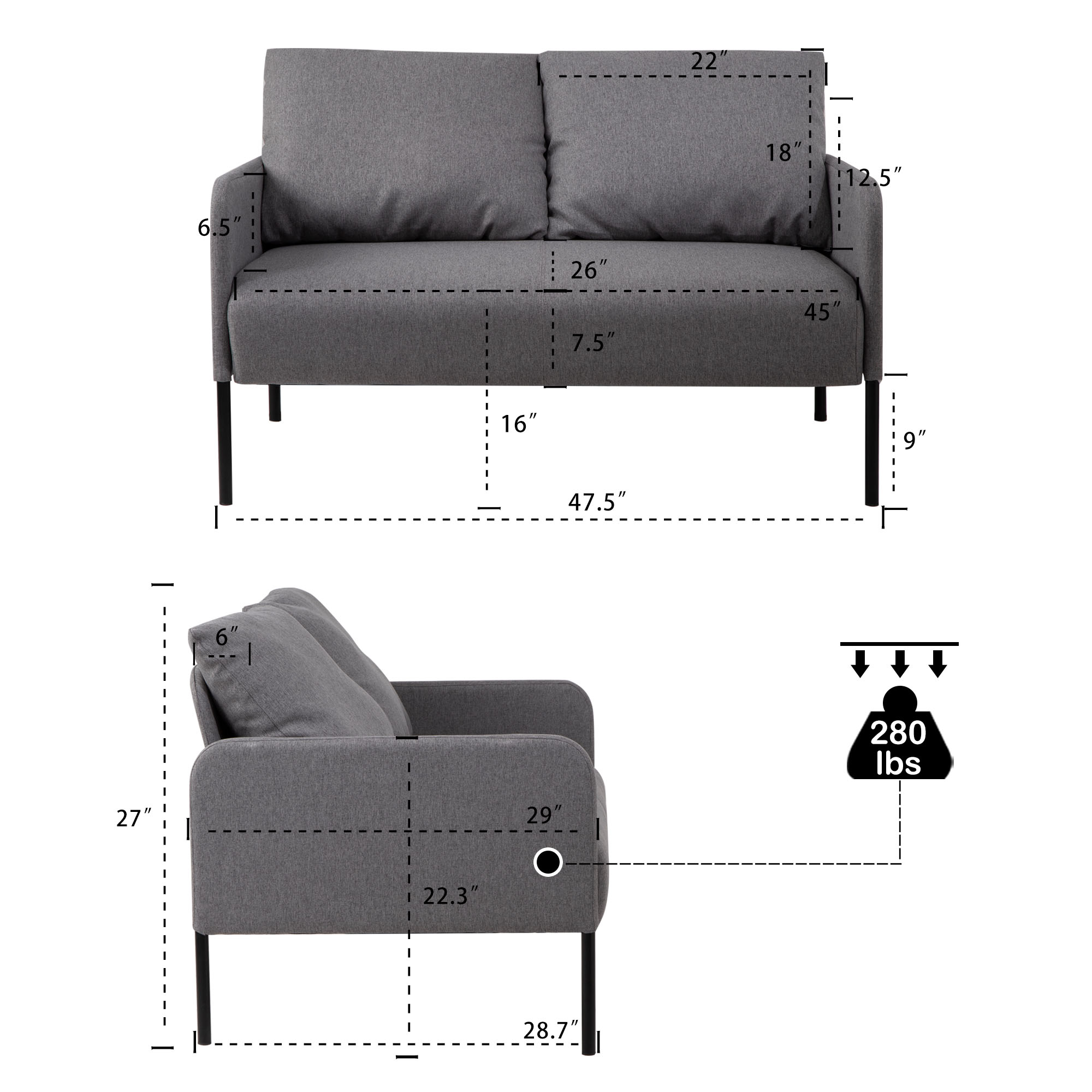 Canddidliike Fabric Loveseat Sofa, Modern Design Linen Sofa Couch with Metal Legs, Soft 2 Seater Sofa for Living Room, Bedroom, Reading Room and Office，Gray