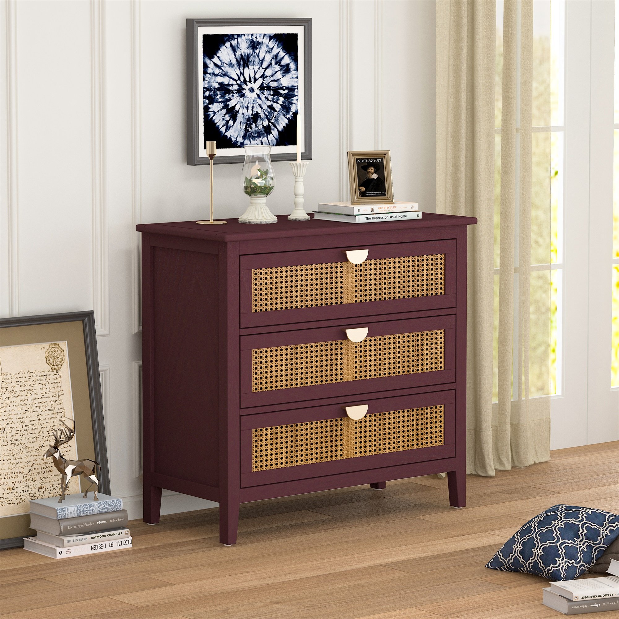 Resenkos Rustic Wood Dresser for Bedroom with 3 Rattan Drawers, Metal Handle Storage Nightstand, Red Finish