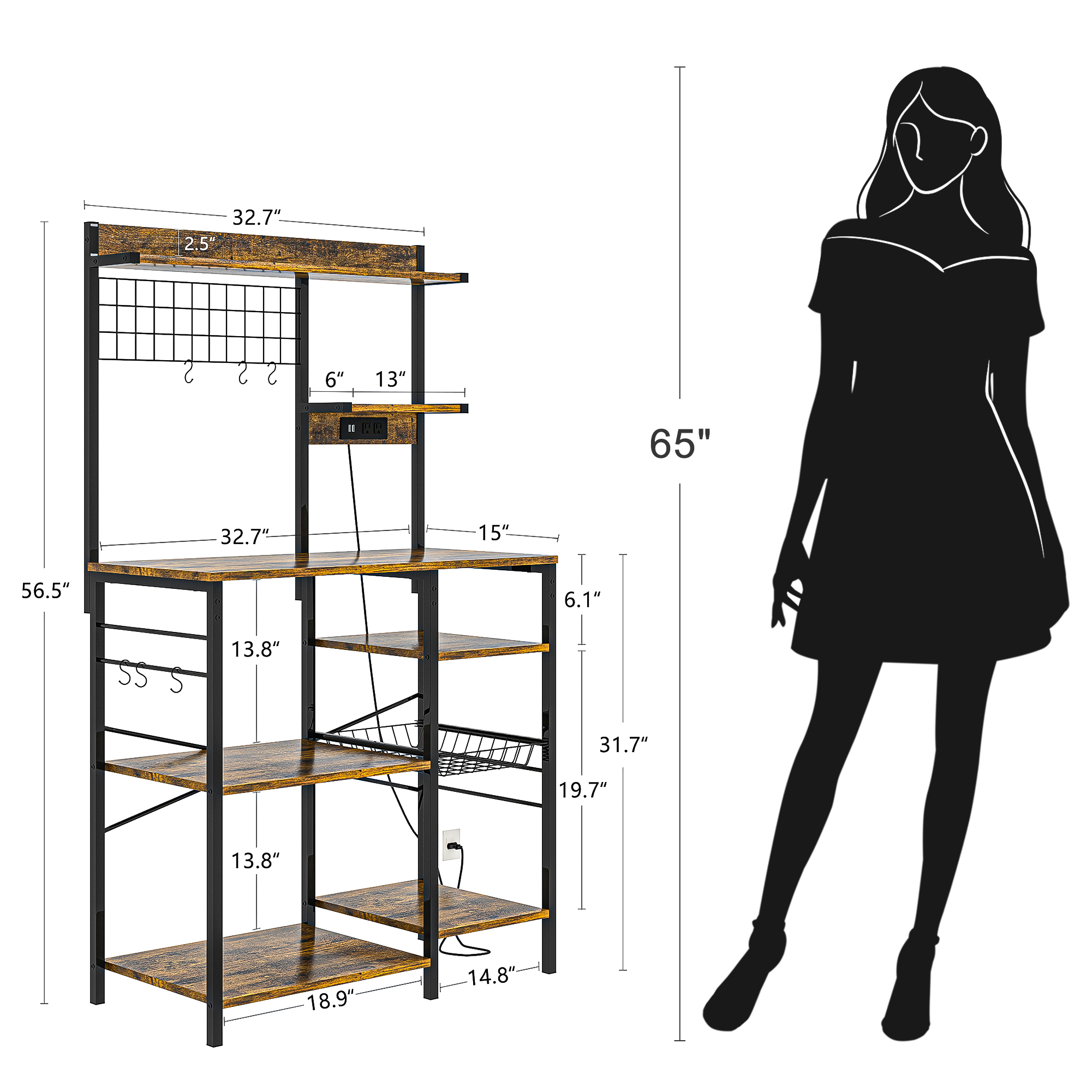 Yardi Yard Standing Baker's Racks Large Metal Kitchen Storage Shelves Units Microwave Stand Brown