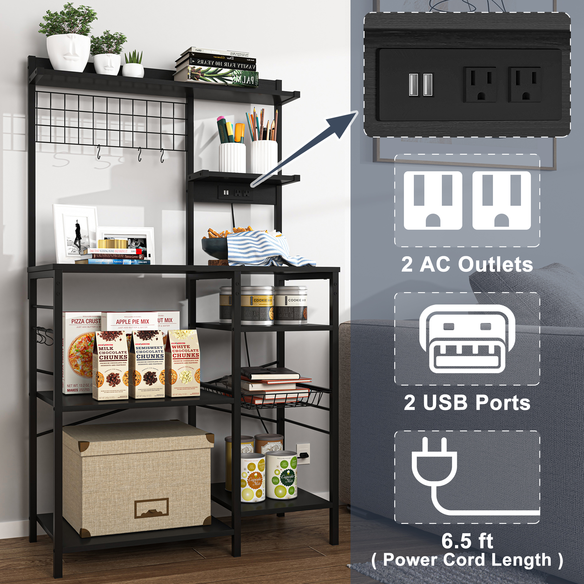 Yardi Yard Standing Baker's Racks Large Metal Kitchen Storage Shelves Units Microwave Stand Black