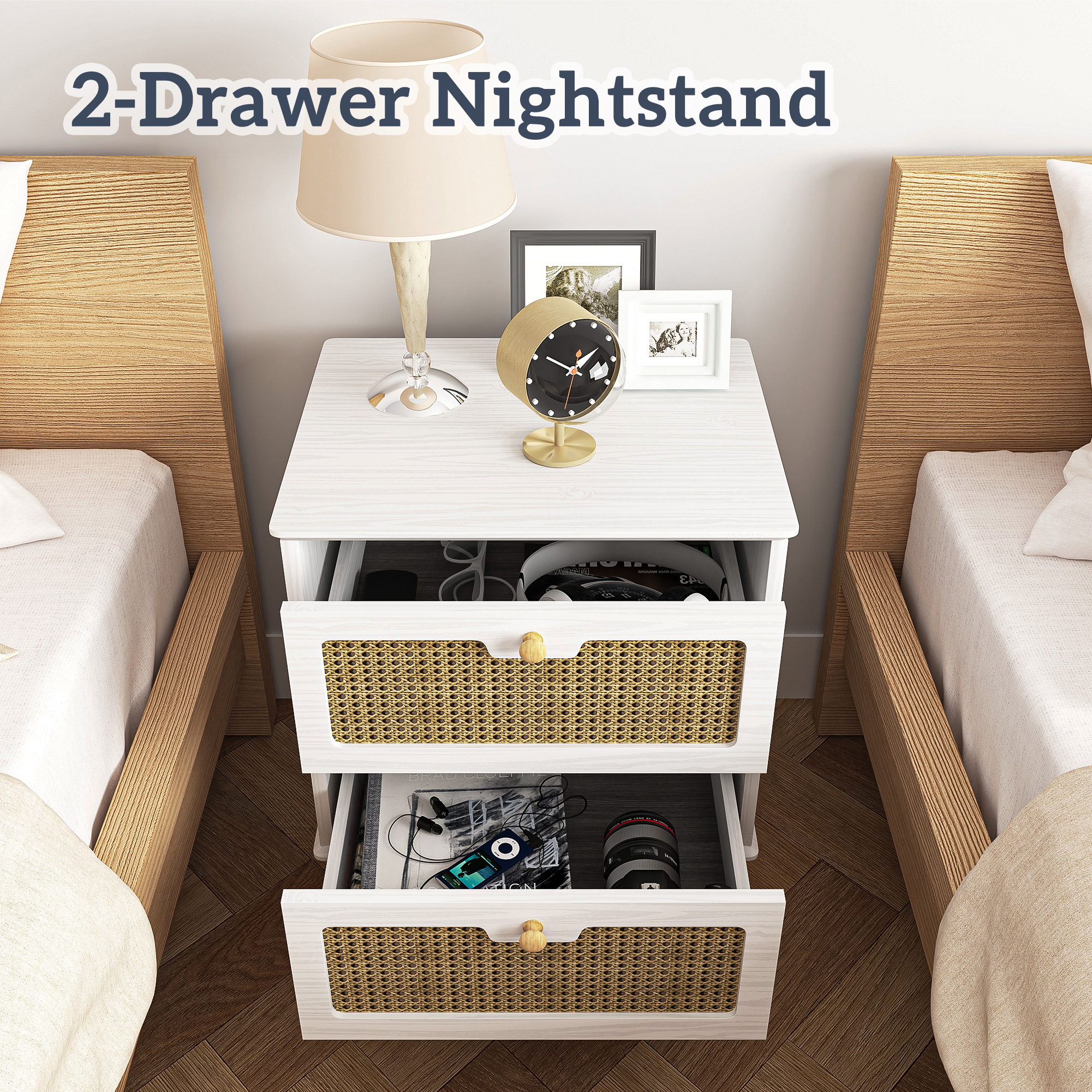 Yardi Yard Rattan Chests of Drawers with Storage for Bedroom, Modern Nightstand Dresser, White