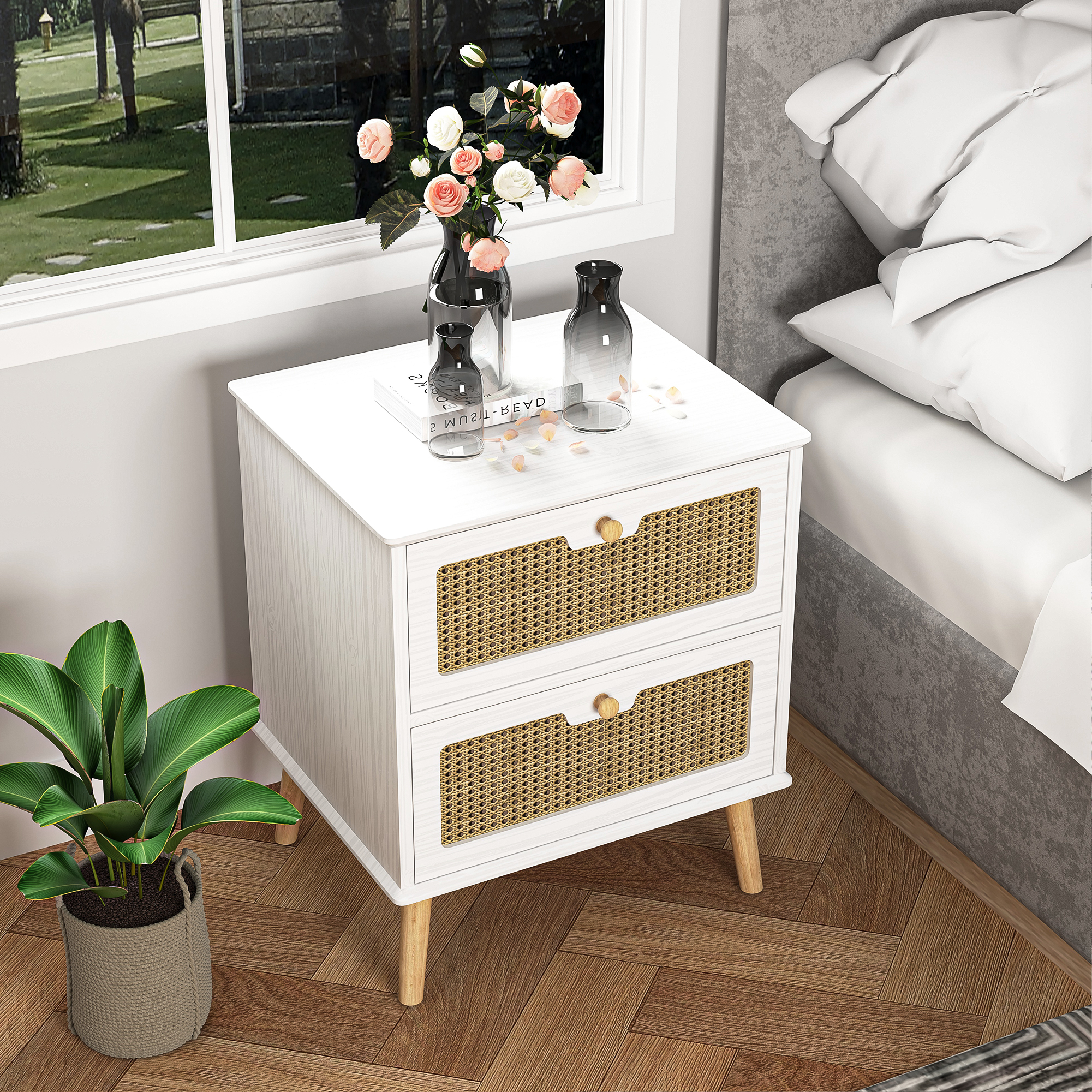 Yardi Yard Rattan Chests of Drawers with Storage for Bedroom, Modern Nightstand Dresser, White