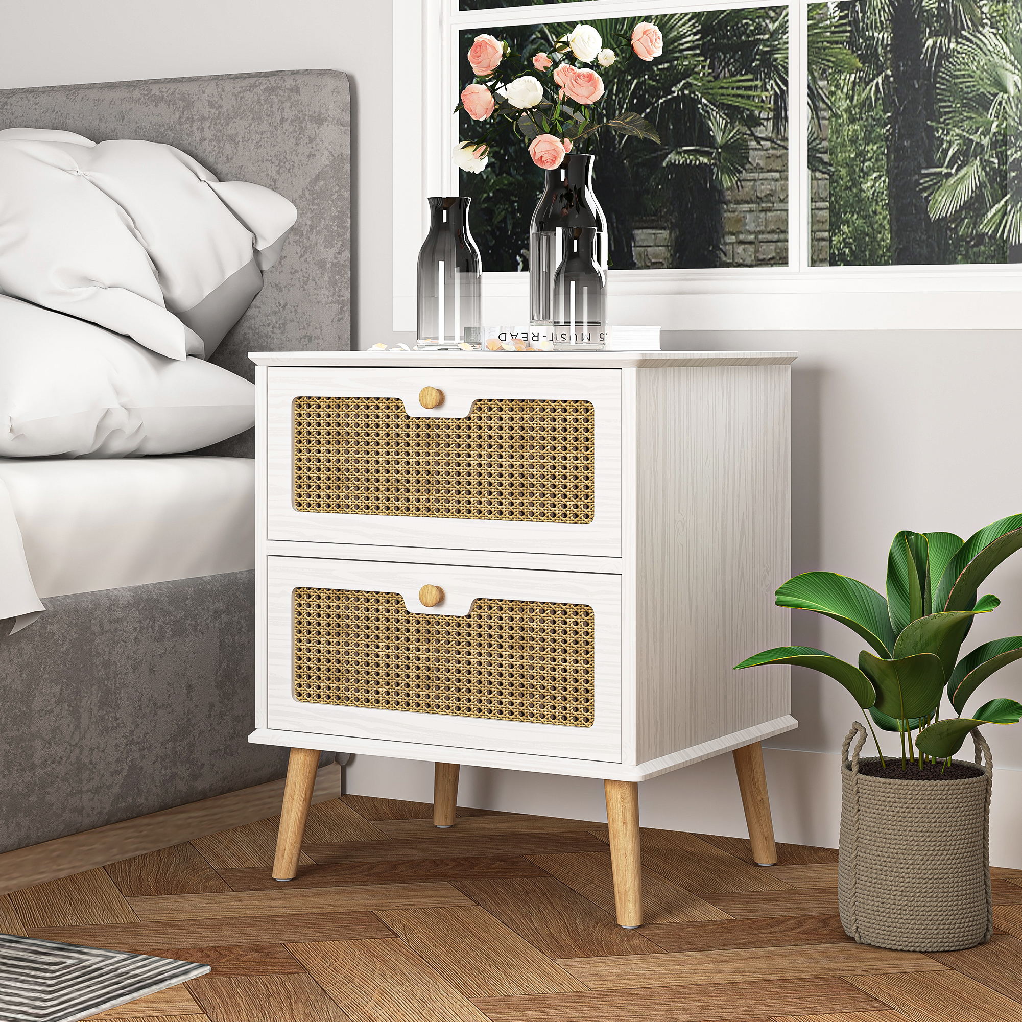 Yardi Yard Rattan Chests of Drawers with Storage for Bedroom, Modern Nightstand Dresser, White