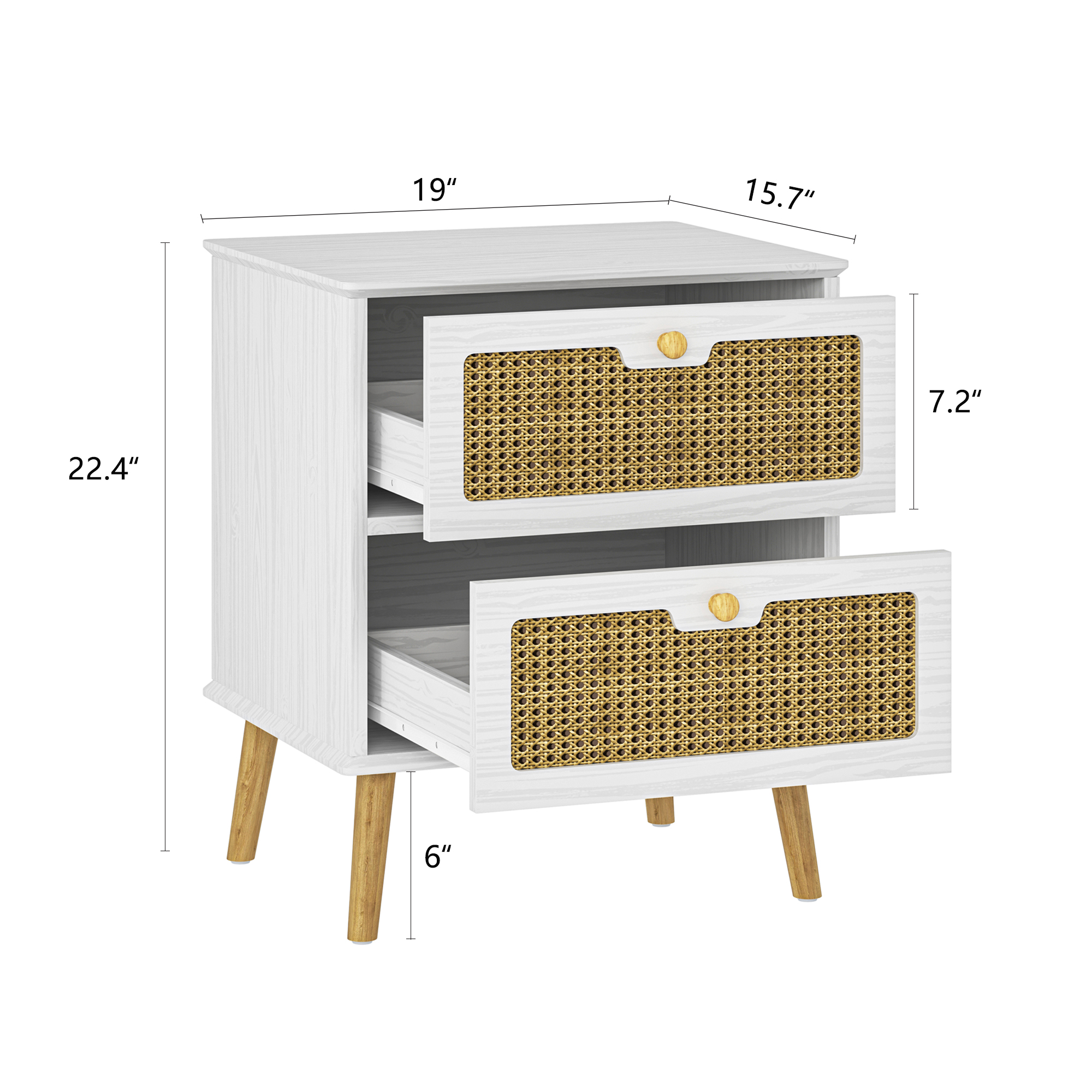 Yardi Yard Rattan Chests of Drawers with Storage for Bedroom, Modern Nightstand Dresser, White