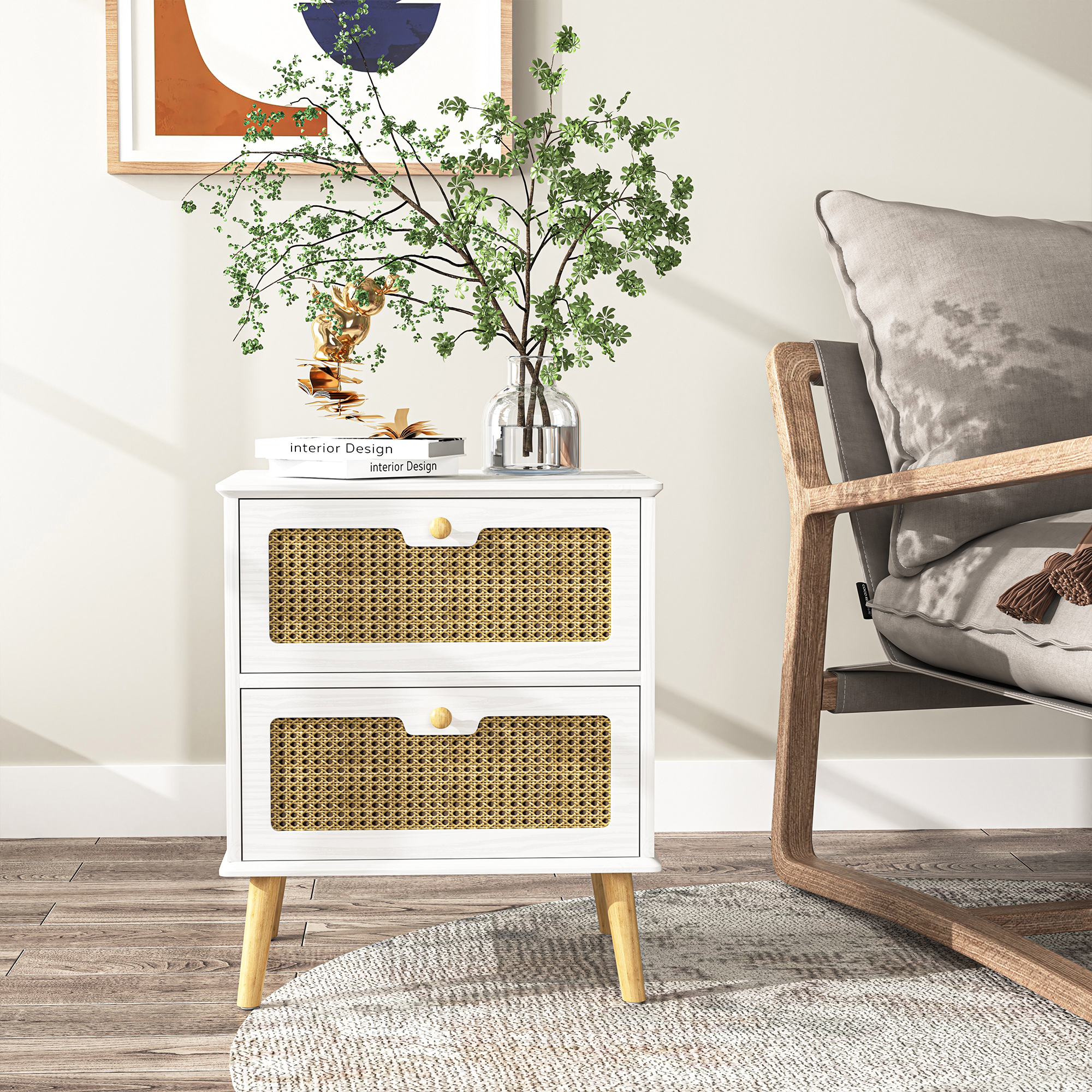 Yardi Yard Rattan Chests of Drawers with Storage for Bedroom, Modern Nightstand Dresser, White