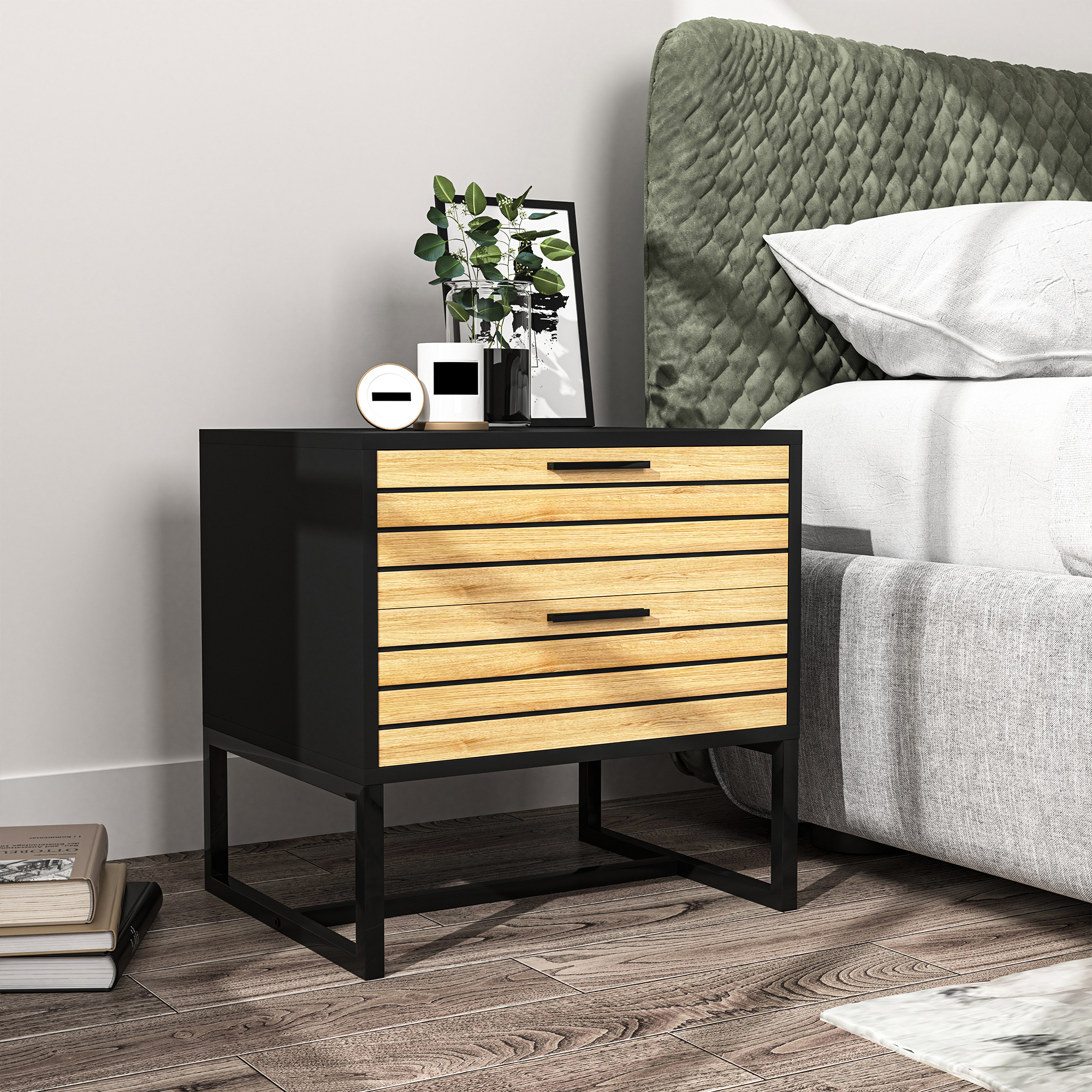 Yardi Yard Natural Nightstand Dresser for Bedroom, Contemporary End Table Night Stands with 2 Drawers Metal Legs