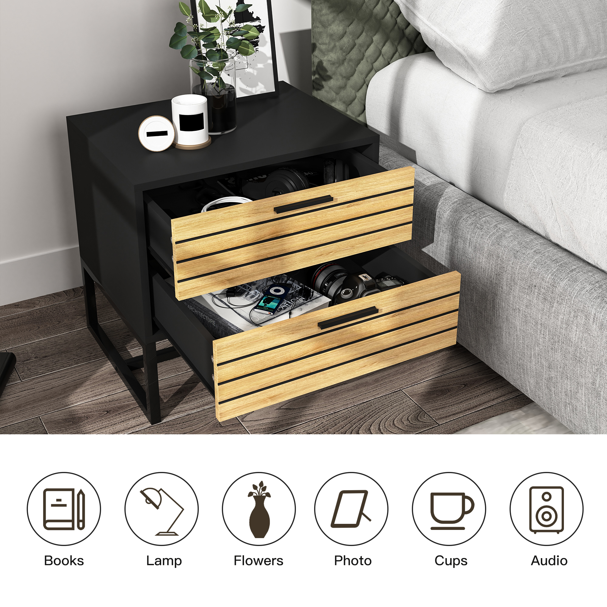 Yardi Yard Natural Nightstand Dresser for Bedroom, Contemporary End Table Night Stands with 2 Drawers Metal Legs