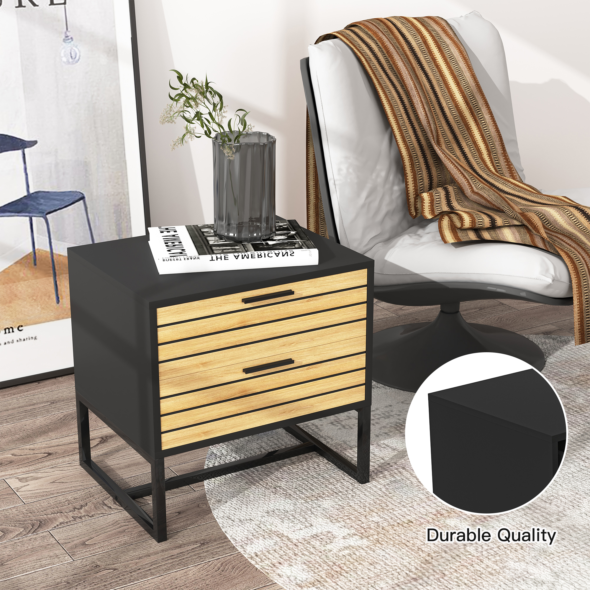 Yardi Yard Natural Nightstand Dresser for Bedroom, Contemporary End Table Night Stands with 2 Drawers Metal Legs