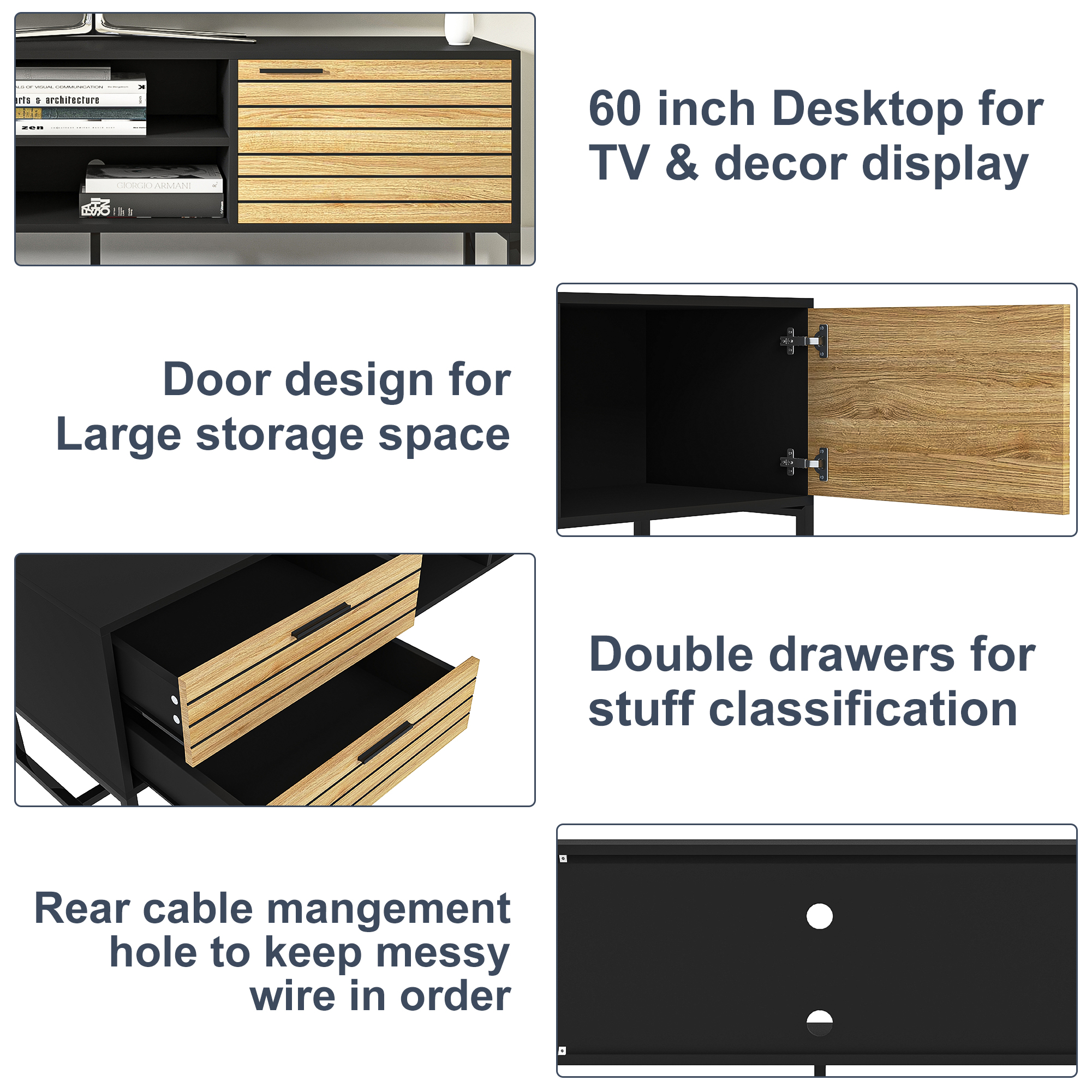 Yardi Yard Wood&Metal Frame Entertainment Center TV Stand, Large Media TV Console for Living Room