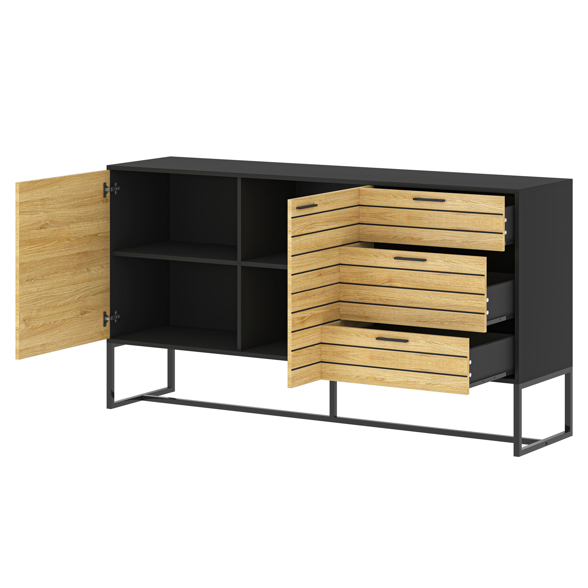 Yardi Yard Wood Sideboard Buffet Storage Credenza with Metal Frame Modern Farmhouse Accent Cabinet Oak&Black