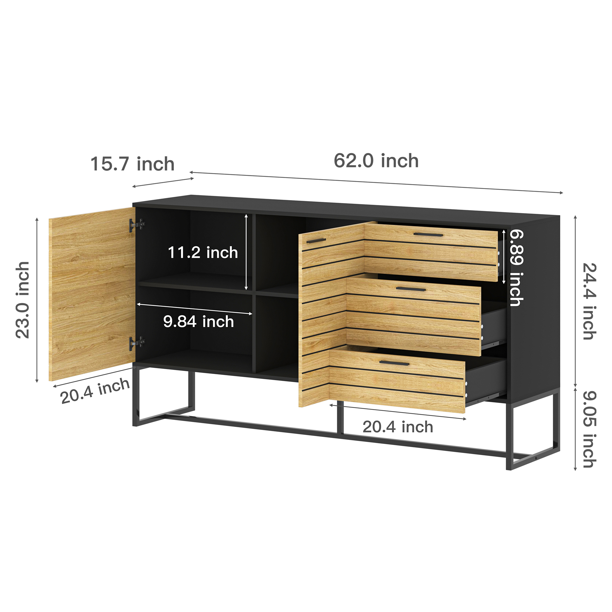 Yardi Yard Wood Sideboard Buffet Storage Credenza with Metal Frame Modern Farmhouse Accent Cabinet Oak&Black