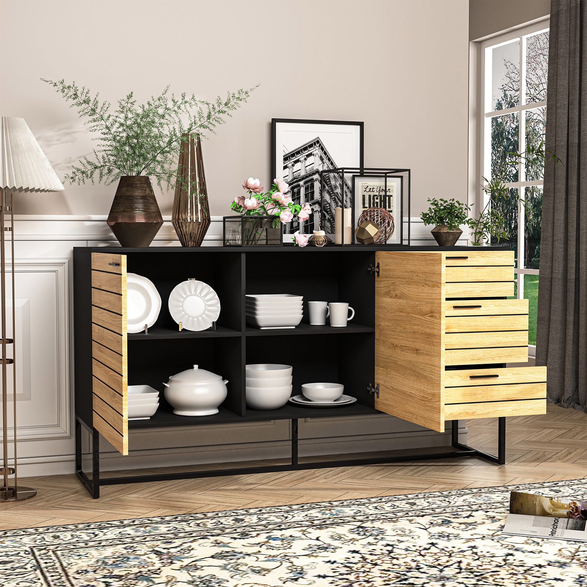 Yardi Yard Wood Sideboard Buffet Storage Credenza with Metal Frame Modern Farmhouse Accent Cabinet Oak&Black