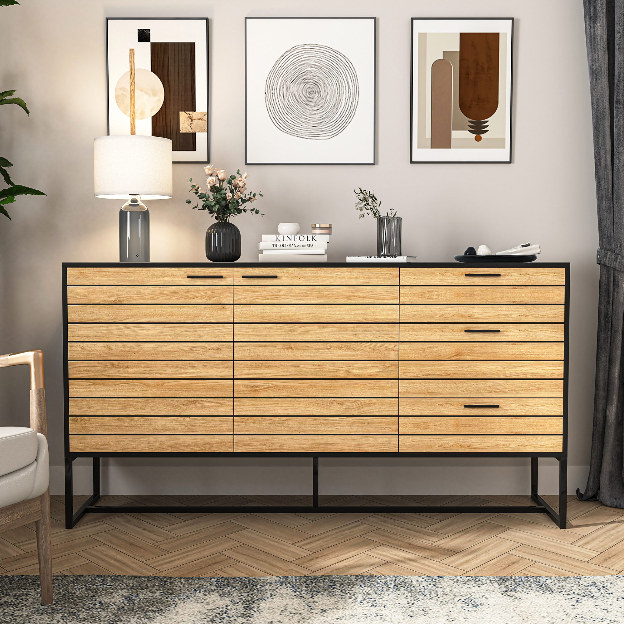 Yardi Yard Wood Sideboard Buffet Storage Credenza with Metal Frame Modern Farmhouse Accent Cabinet Oak&Black