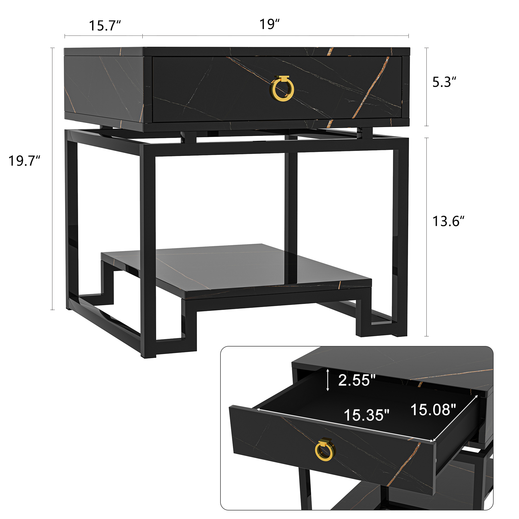 Yardi Yard Set of 2 Mid Century Modern Marble Pattern Nightstands with Gold Accent Handles, Black