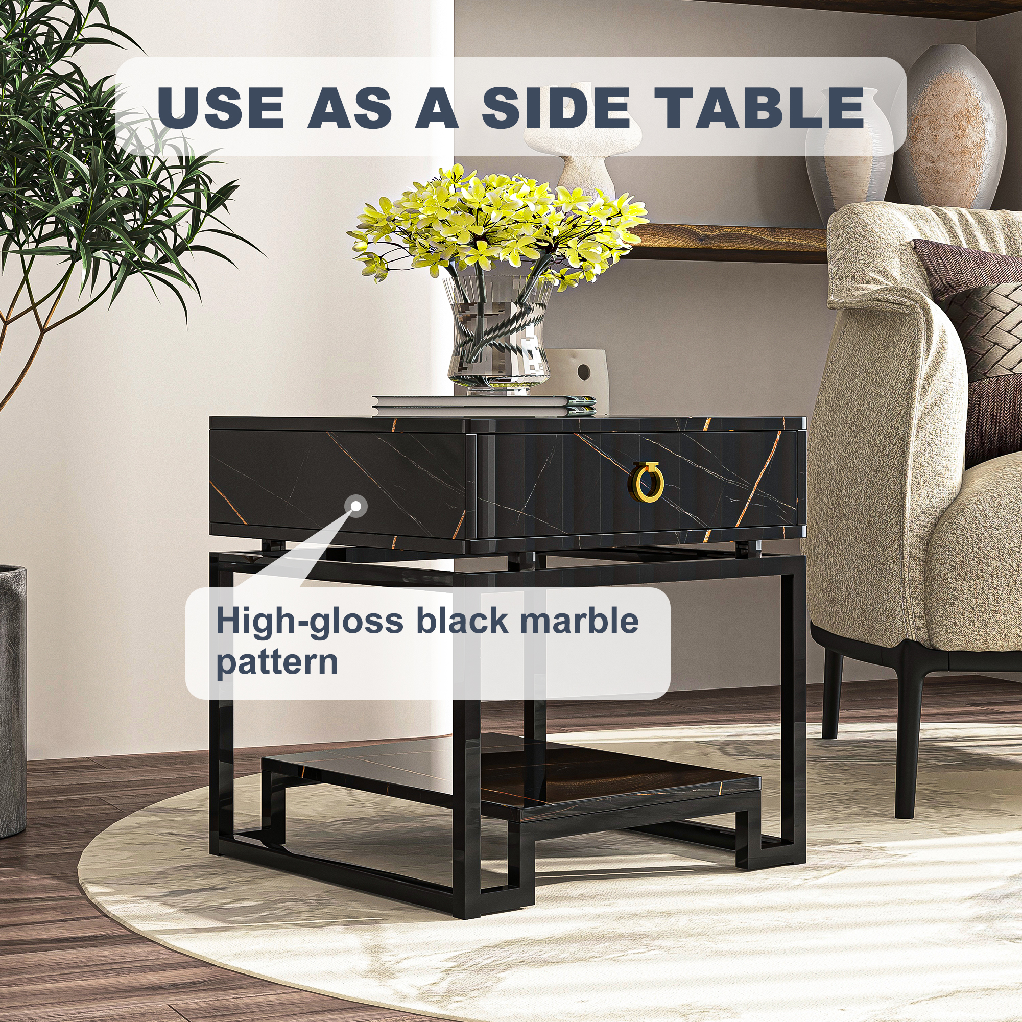 Yardi Yard Mid Century Modern Marble Pattern Nightstands with Gold Accent Handles, Black