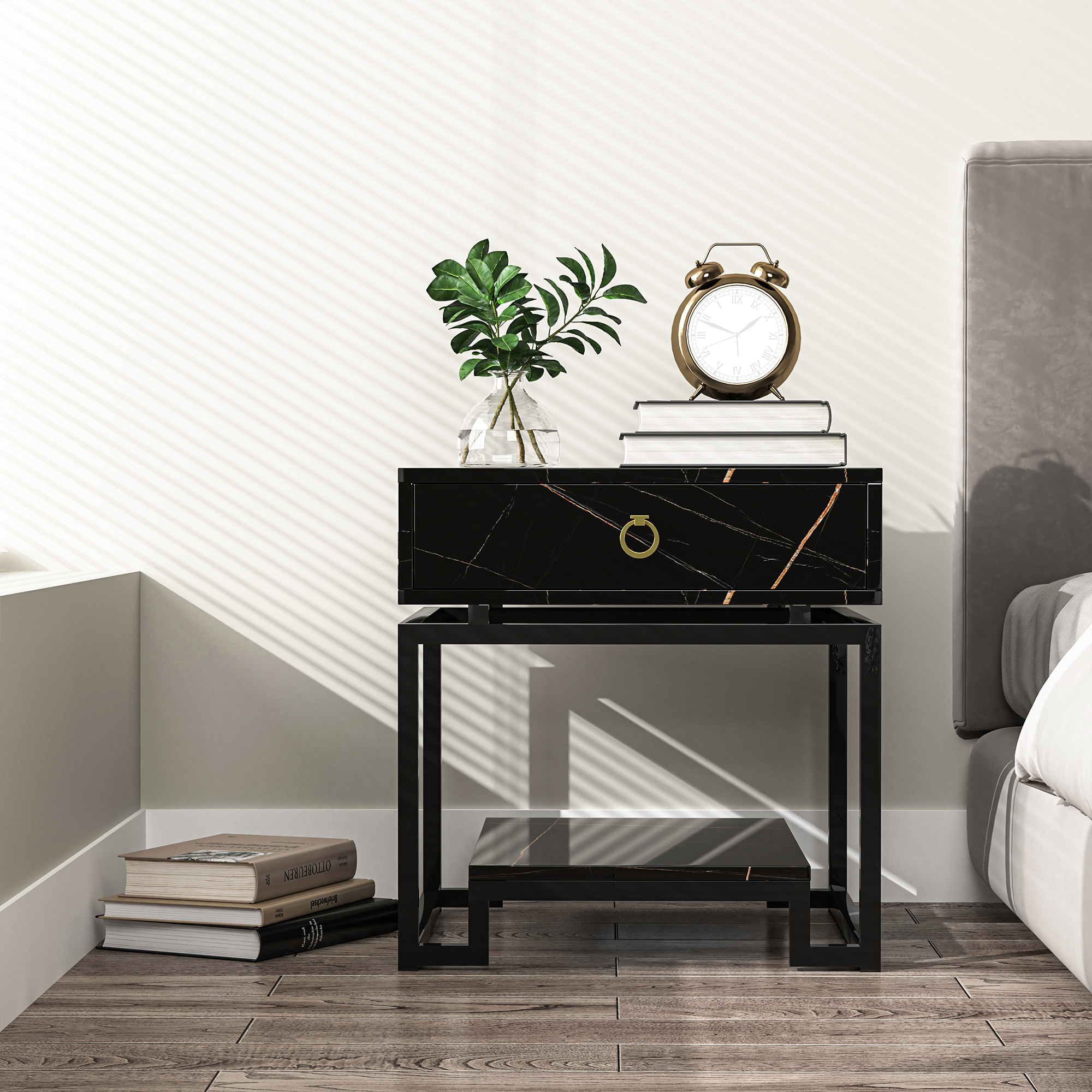 Yardi Yard Mid Century Modern Marble Pattern Nightstands with Gold Accent Handles, Black