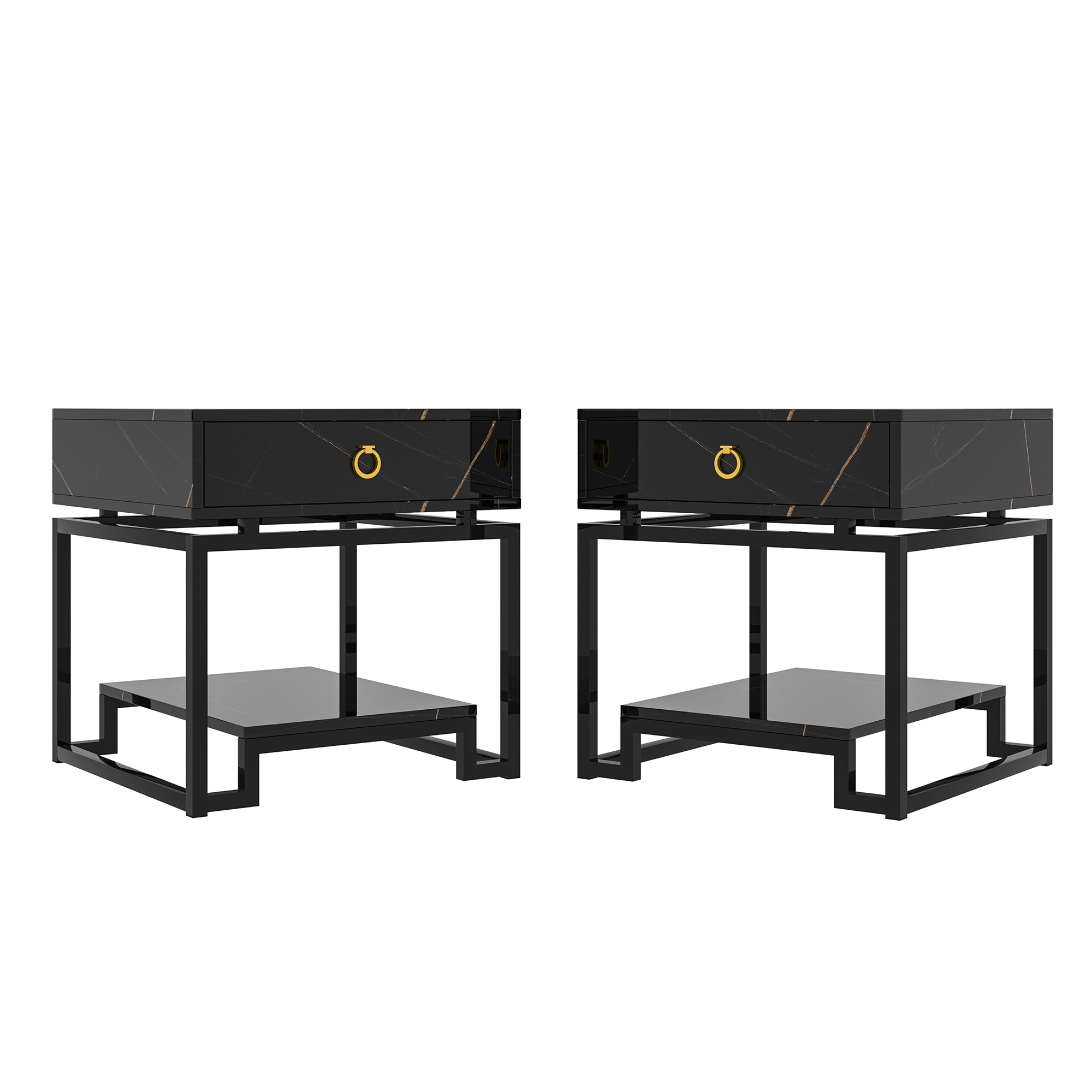 Yardi Yard Set of 2 Mid Century Modern Marble Pattern Nightstands with Gold Accent Handles, Black