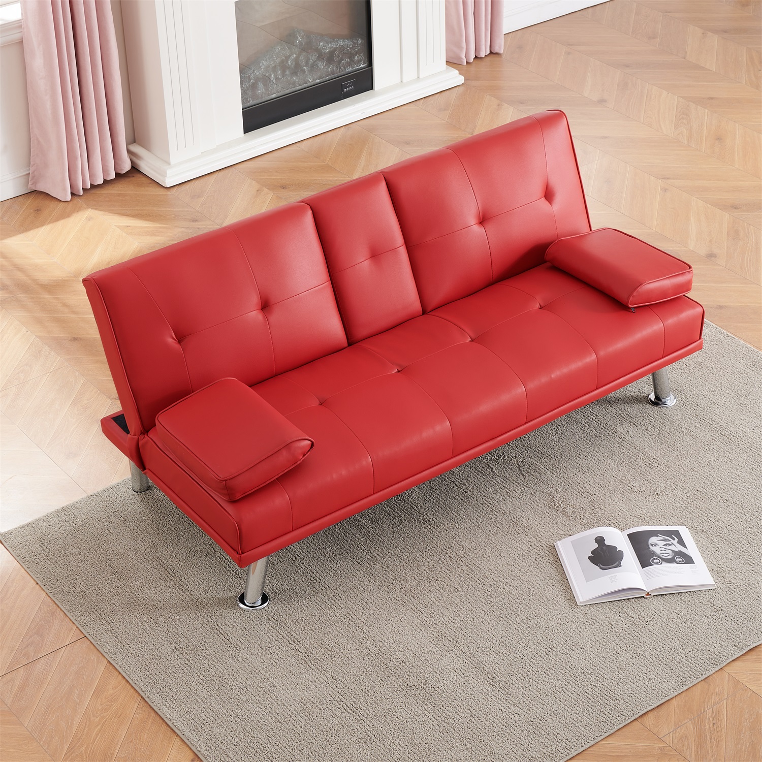 Yardi Yard Leather 67" Sofa Convertible Sofa Bed, Living Room Red Futon Couch