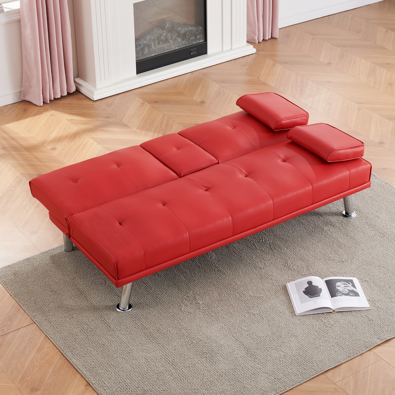 Yardi Yard Leather 67" Sofa Convertible Sofa Bed, Living Room Red Futon Couch