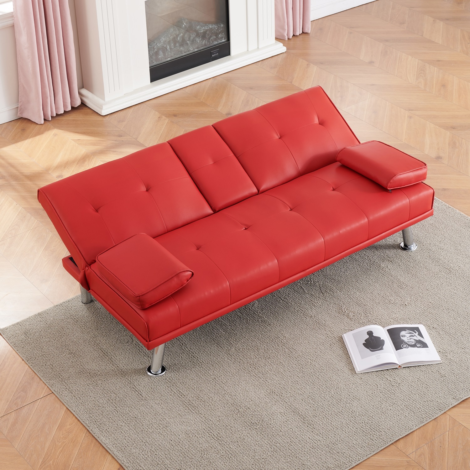 Yardi Yard Leather 67" Sofa Convertible Sofa Bed, Living Room Red Futon Couch