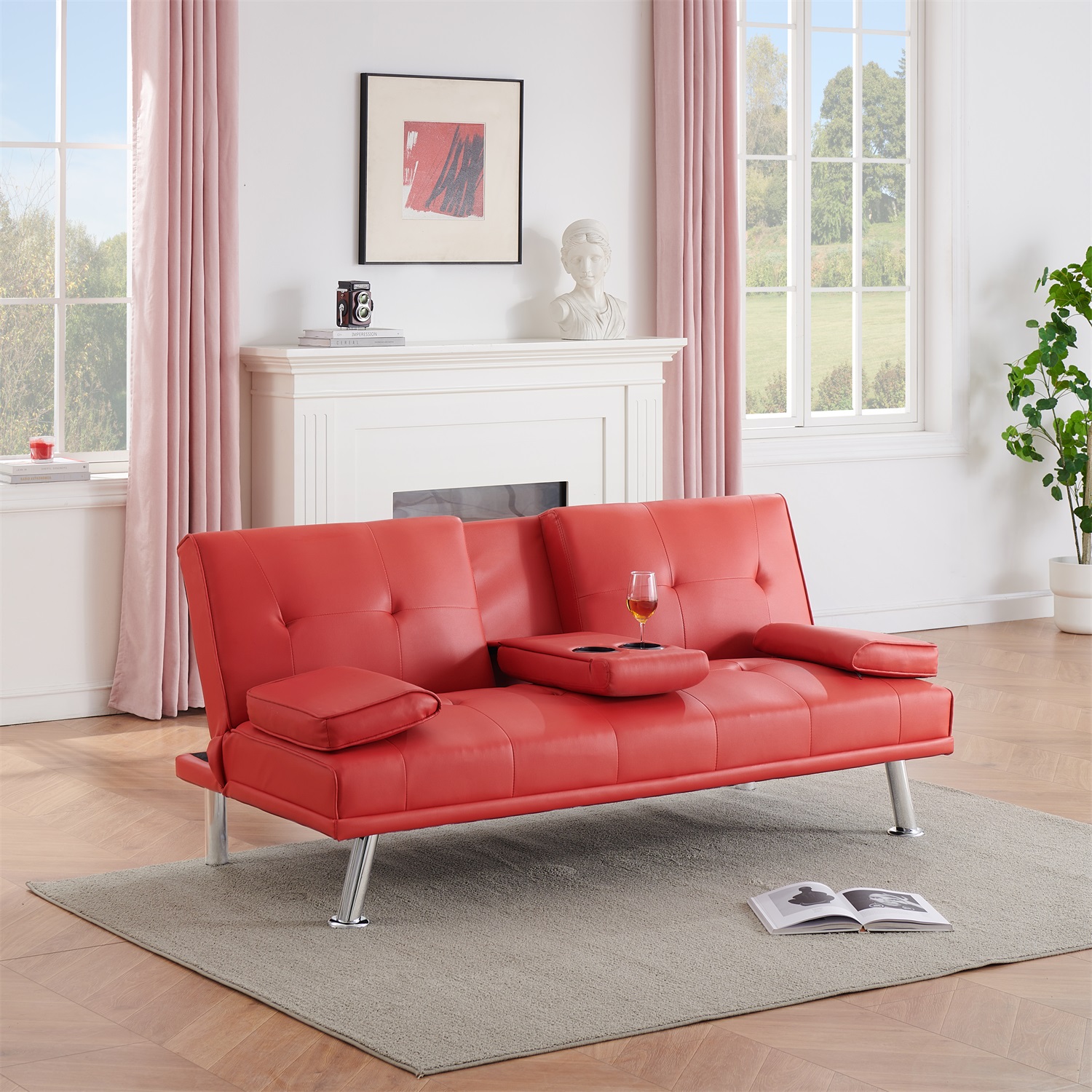 Yardi Yard Leather 67" Sofa Convertible Sofa Bed, Living Room Red Futon Couch