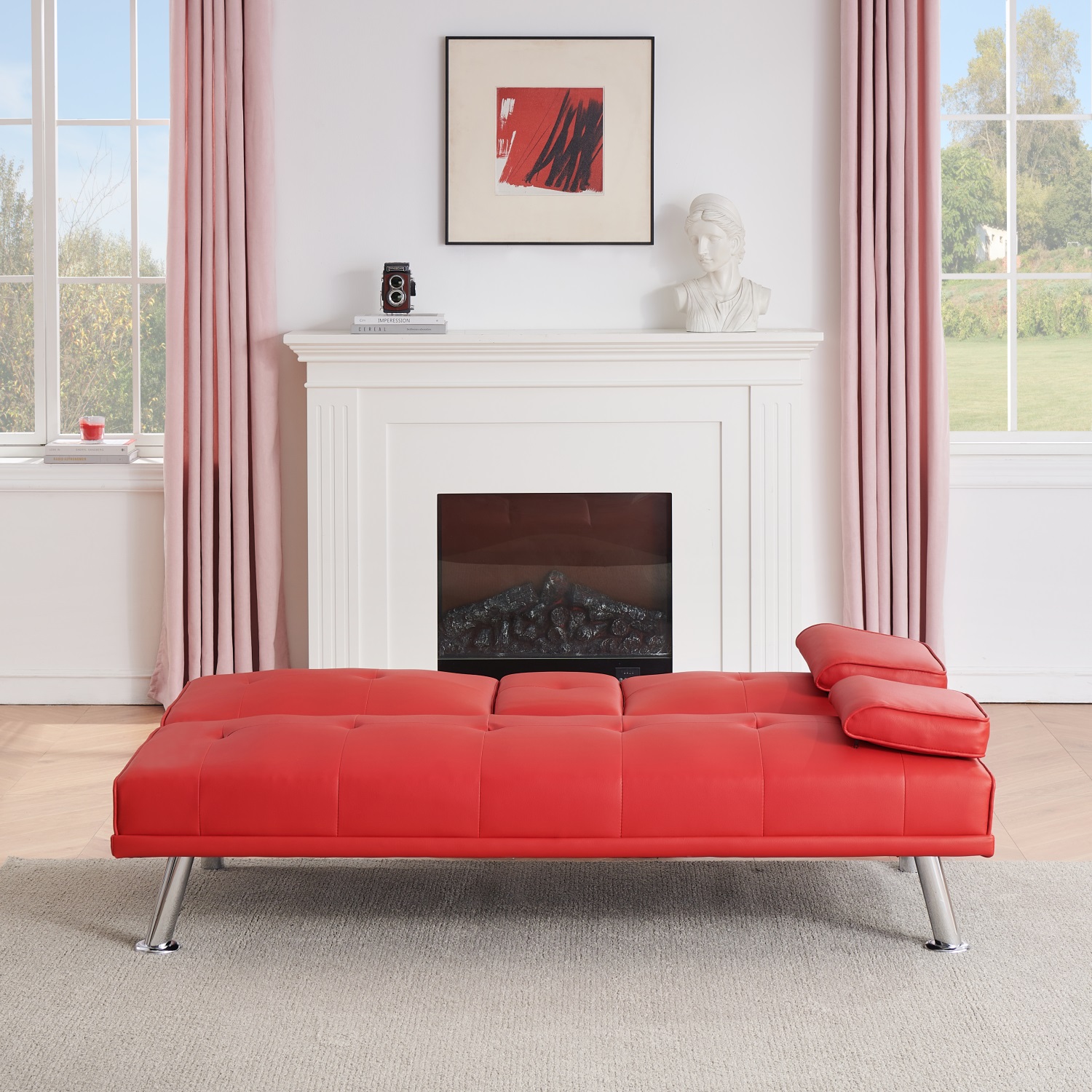 Yardi Yard Leather 67" Sofa Convertible Sofa Bed, Living Room Red Futon Couch