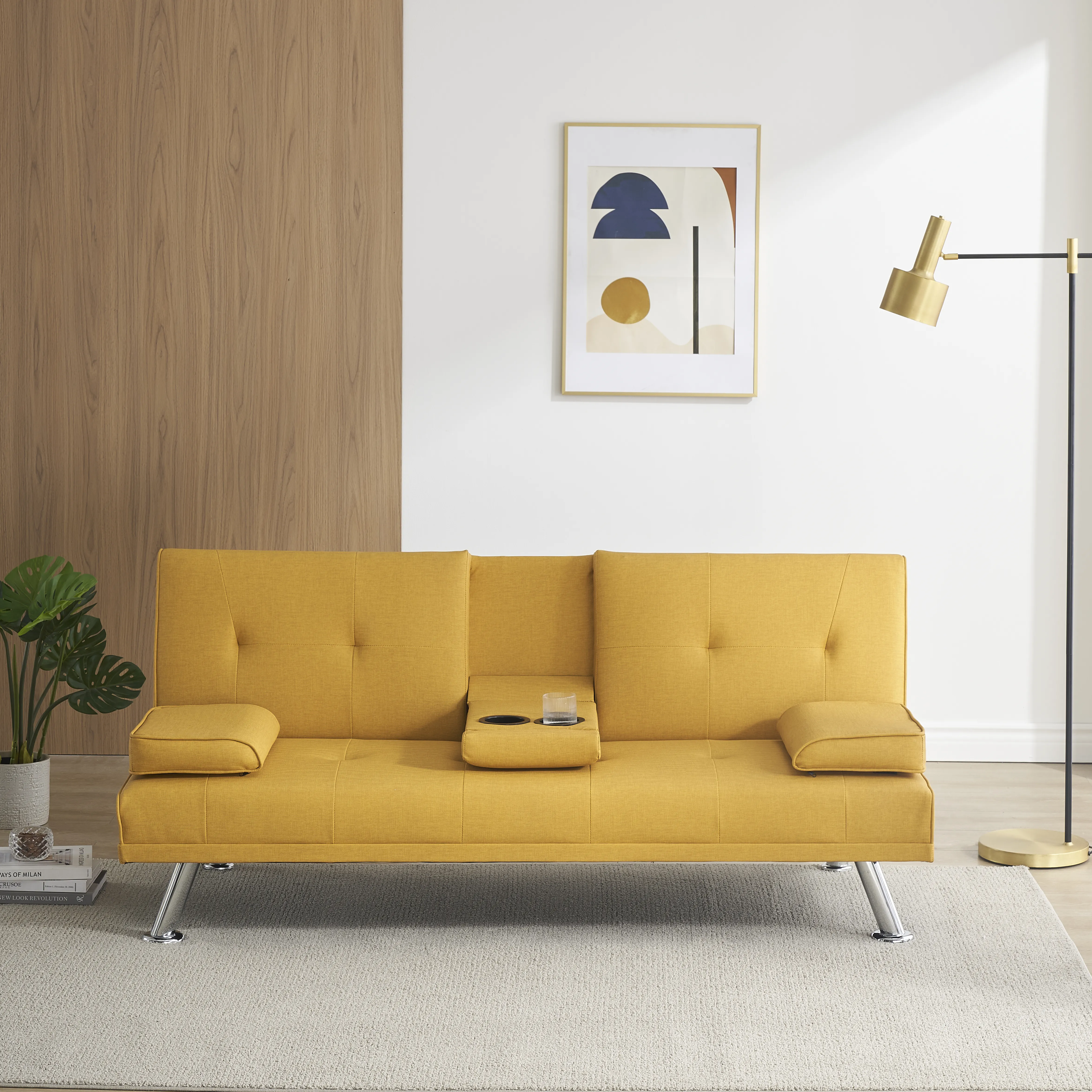 Yardi Yard Leather 67" Sofa Convertible Sofa Bed, Living Room Yellow Futon Couch