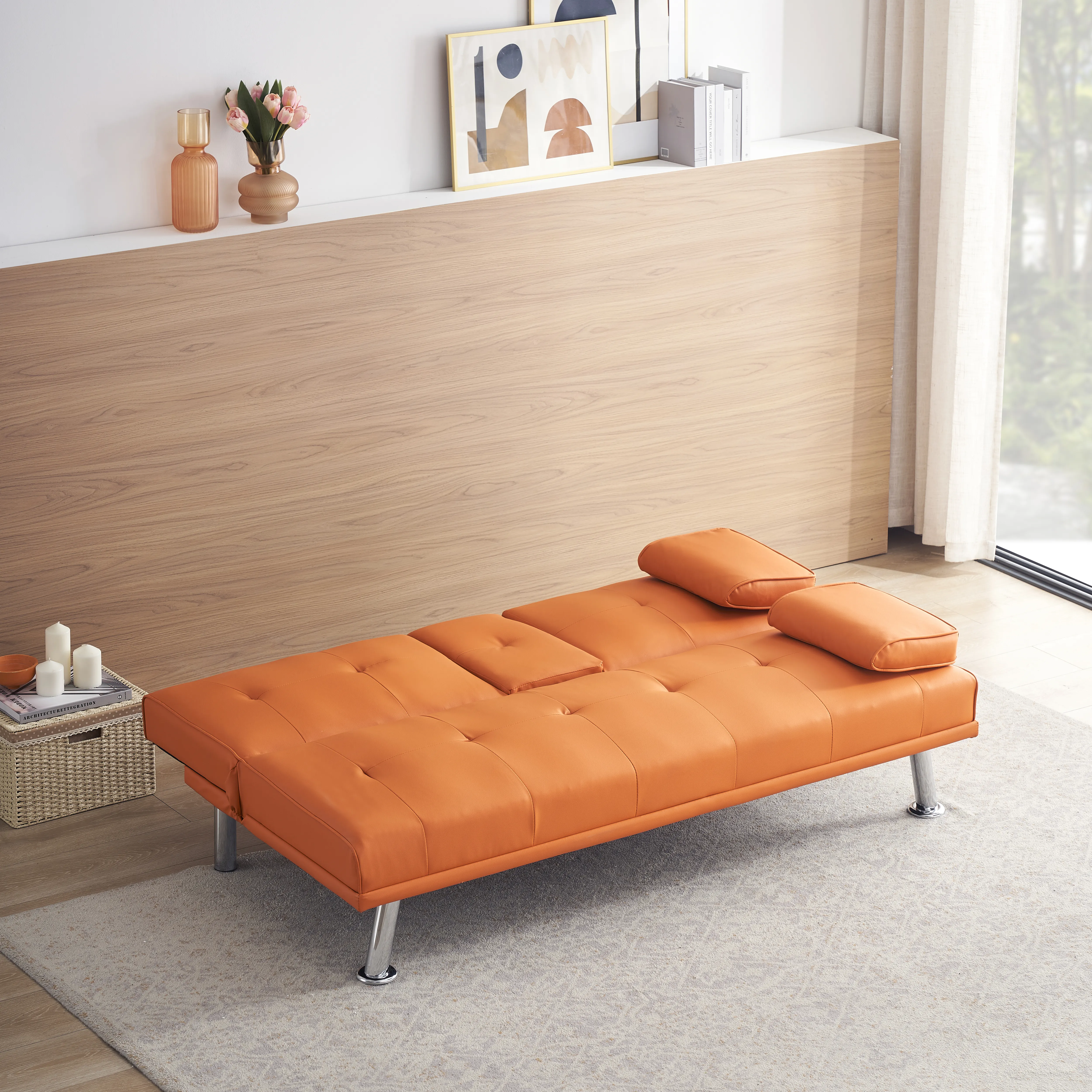 Yardi Yard Leather 67" Sofa Convertible Sofa Bed, Living Room Orange Futon Couch