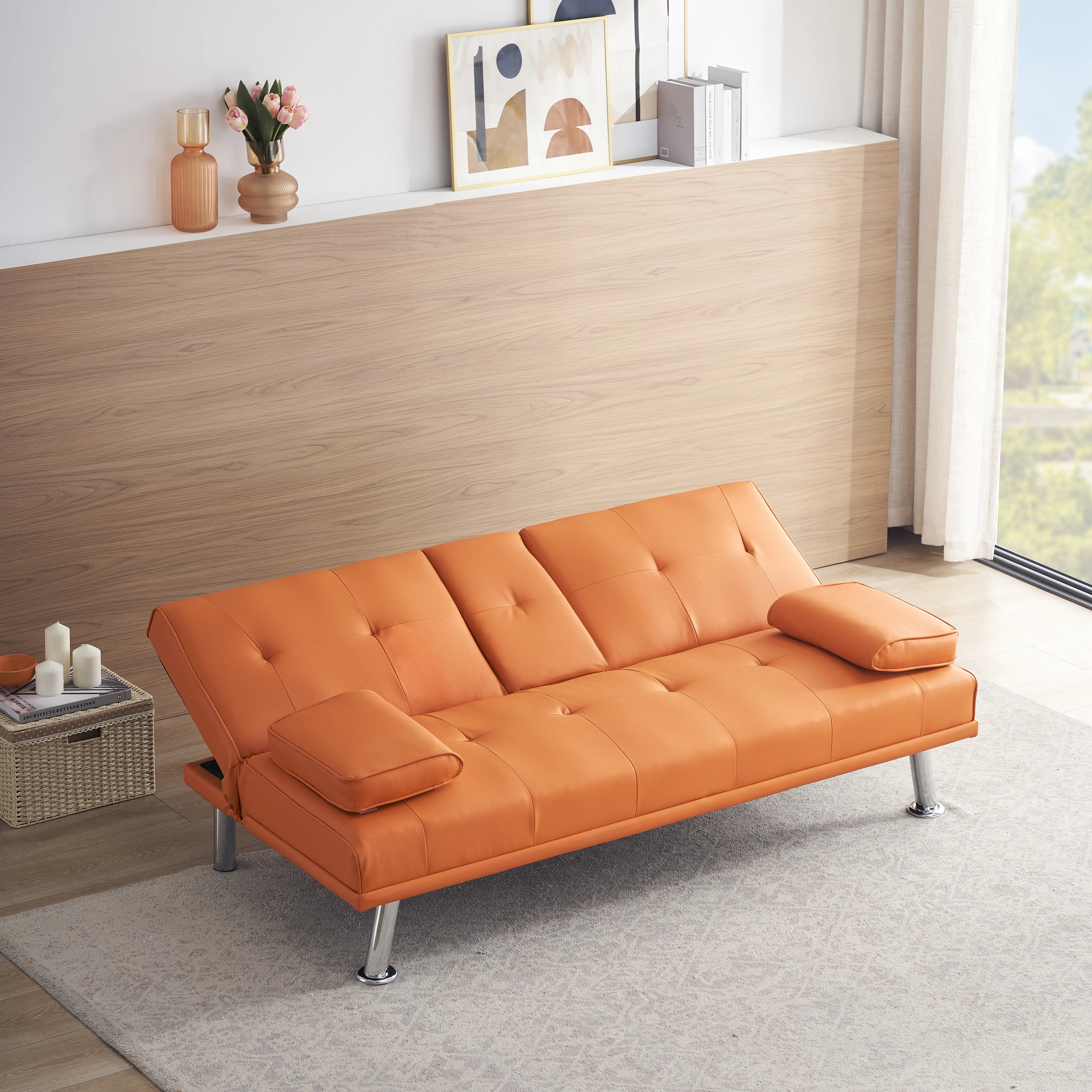 Yardi Yard Leather 67" Sofa Convertible Sofa Bed, Living Room Orange Futon Couch