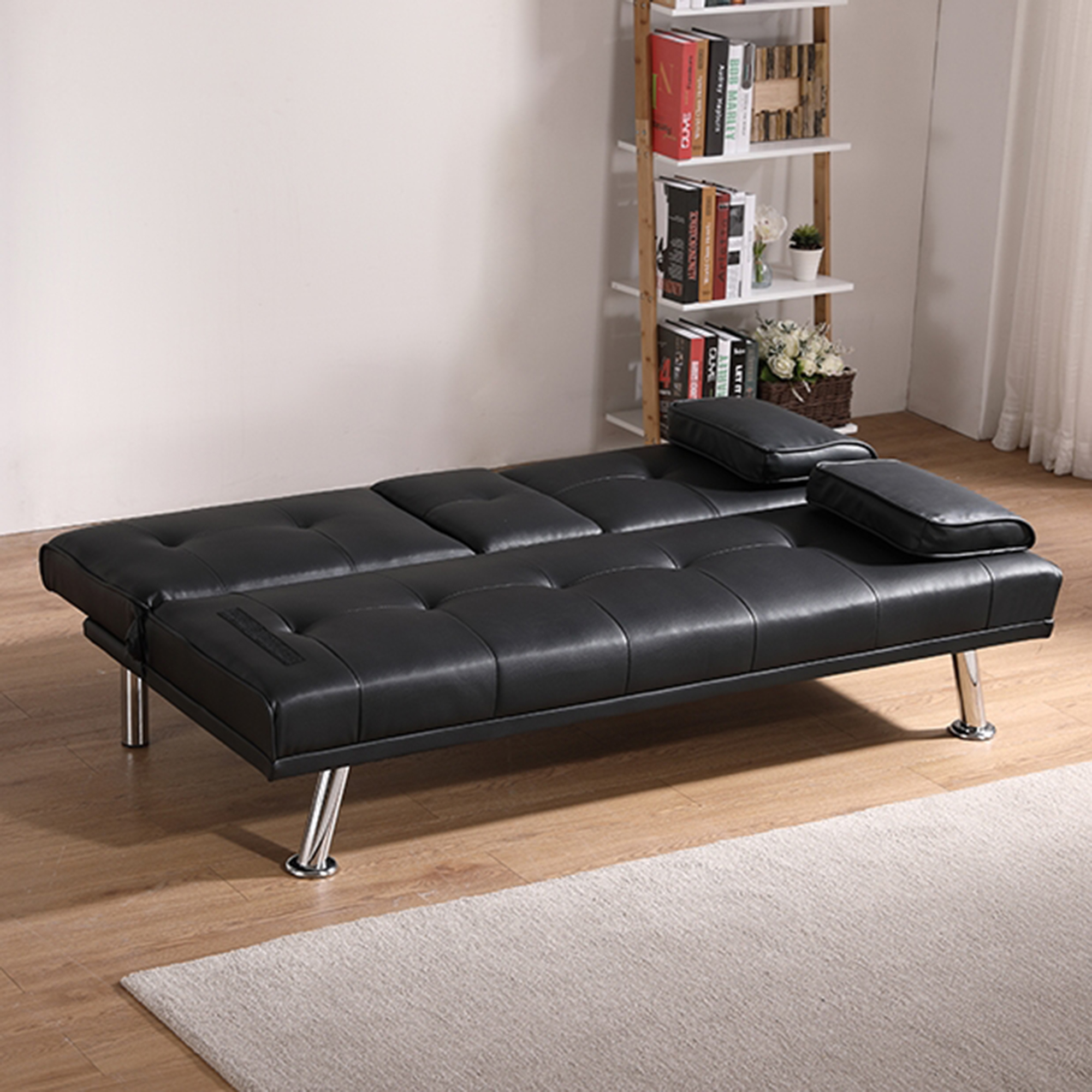 Yardi Yard Leather 67" Sofa Convertible Sofa Bed, Living Room Black Futon Couch