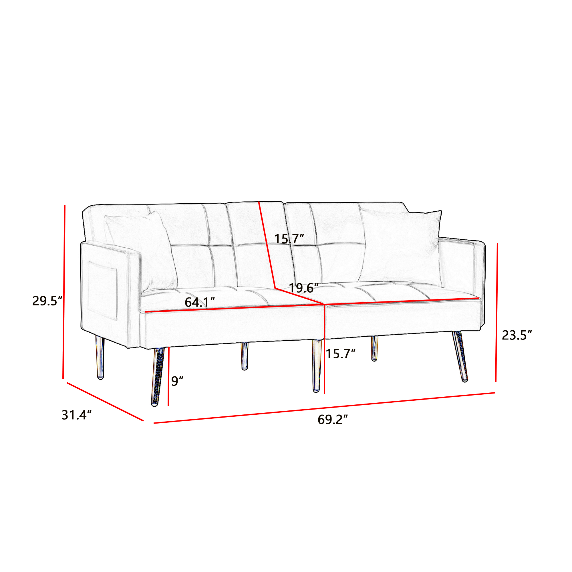 Yardi Yard Velvet 69" Convertible Loveseat Sofa Bed for Living Room Pink