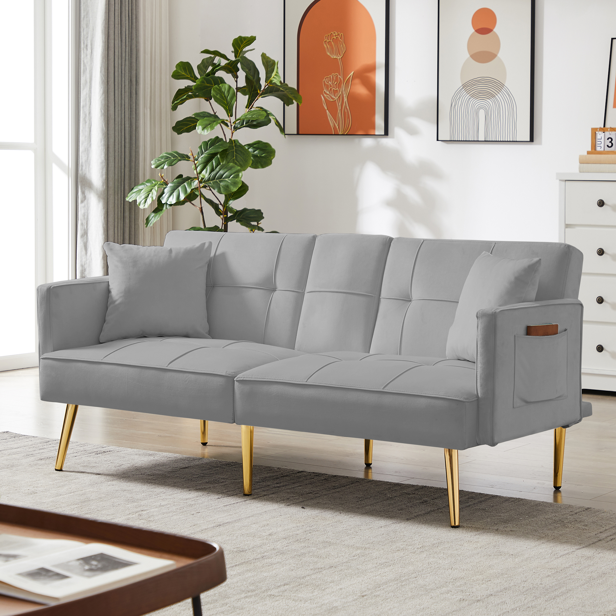 Yardi Yard 69" Sofa Convertible Sofa Bed, Velvet Living Room Gray Futon Couch