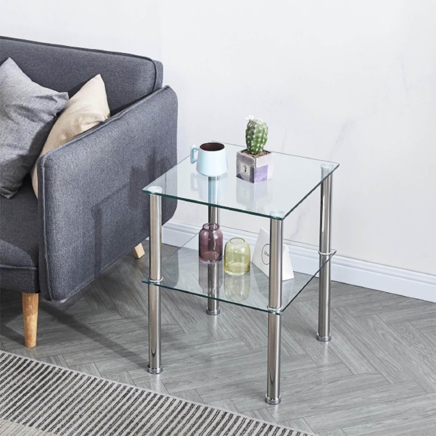 Yardi Yard Modern Living Room End Table 2 Tier Glass Side Table with Metal Legs, Clear