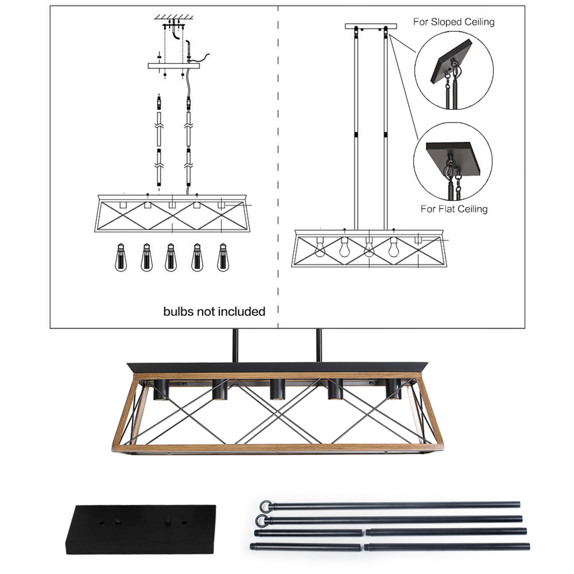 Spaco 5-Light Farmhouse Kitchen Island Lighting Design with Solid Wood for Dining Room Kitchen Bar Pool Table