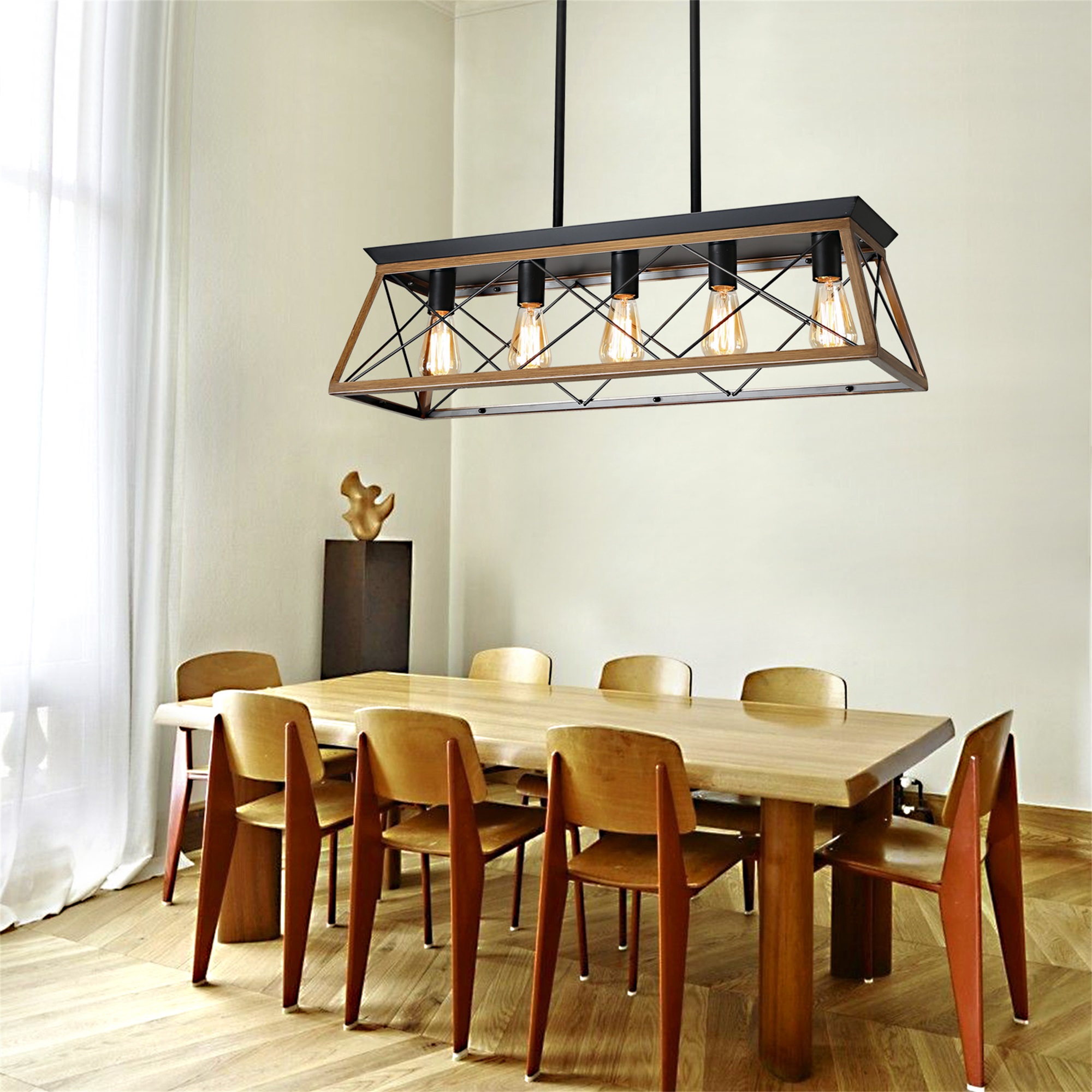 Spaco 5-Light Farmhouse Kitchen Island Lighting Design with Solid Wood for Dining Room Kitchen Bar Pool Table