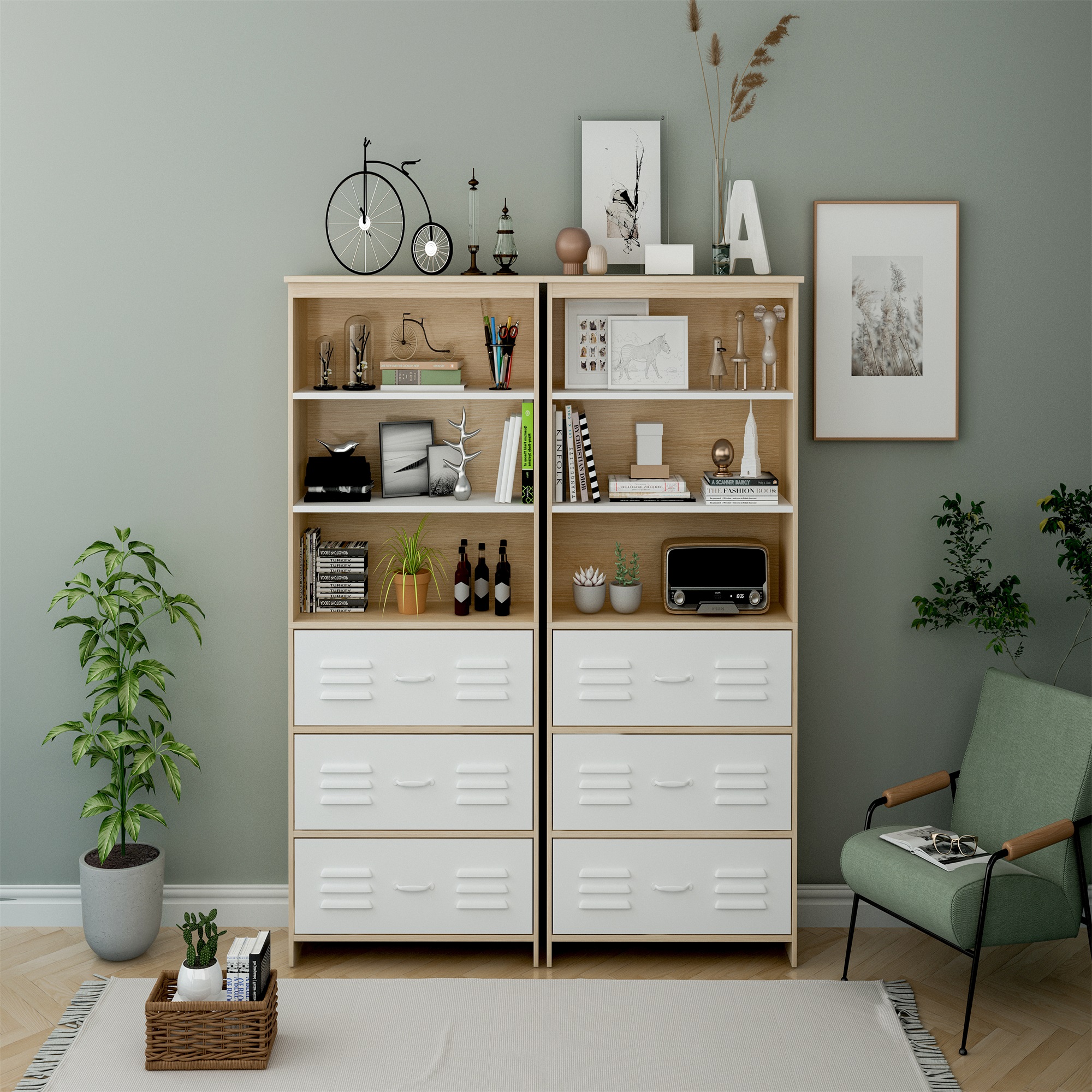 Spaco 6-Shelf Moline Standard Storage Cabinet Bookcase, White Bookshelf with 3 Drawers