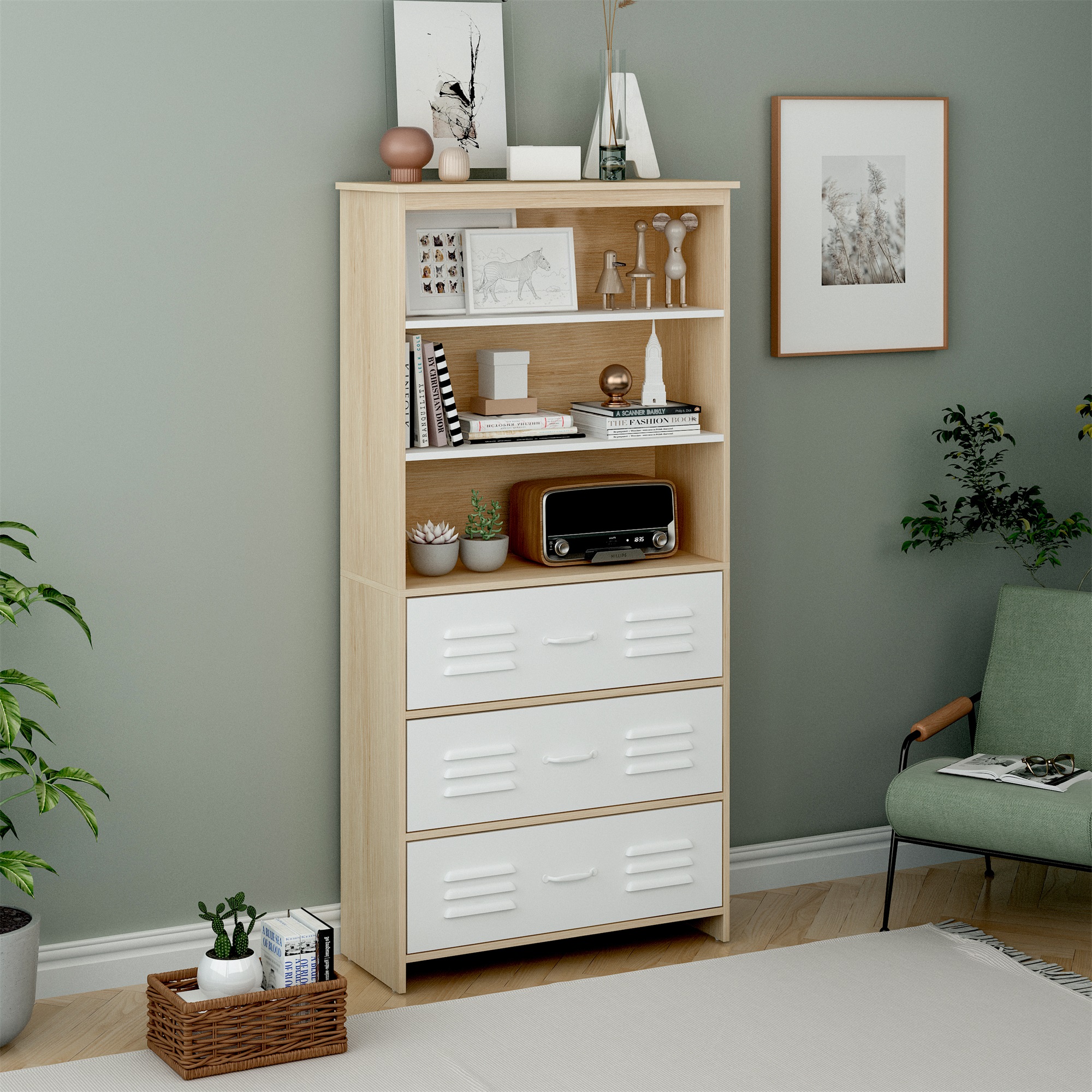 Spaco 6-Shelf Moline Standard Storage Cabinet Bookcase, White Bookshelf with 3 Drawers