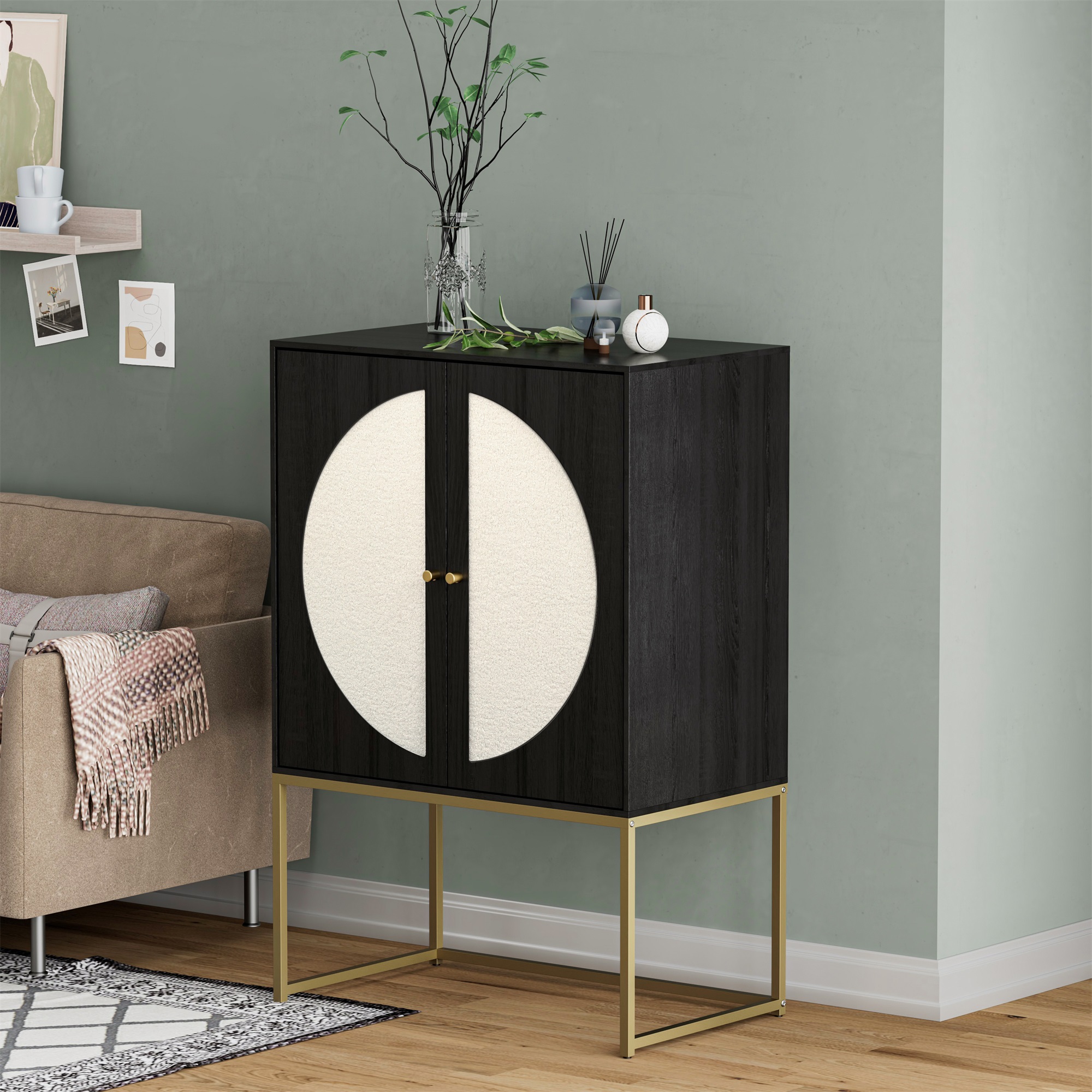 Spaco Symmetrical Semicircle Design 2-Door Storage Cabinet with Adjustable Shelf - Teddy Fleece - Ideal for Living Room, Bedroom, Study