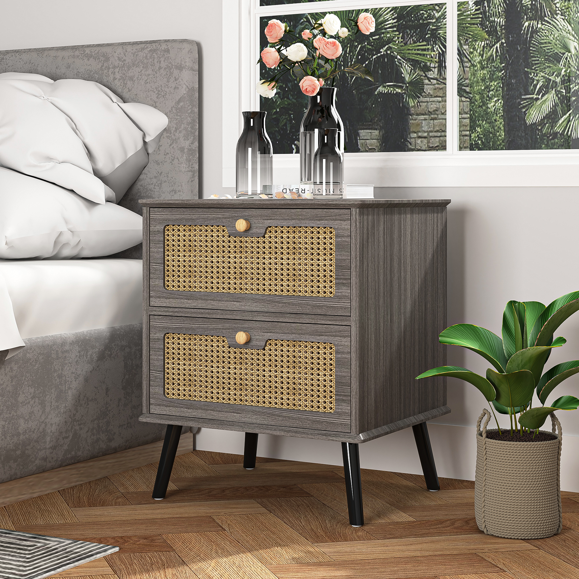 Resenkos Rattan Nightstand for Bedroom, End Table Wood Finish Accent with Storage for Living Room, Gray