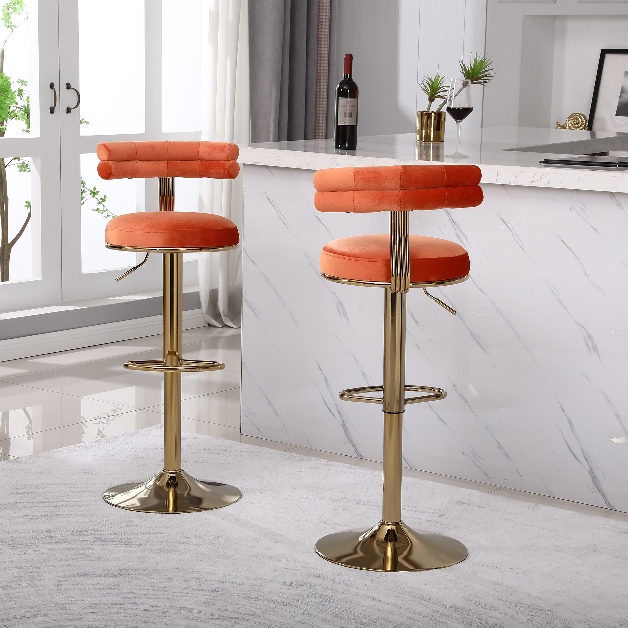 Kadyn Adjustable Swivel Bar Stools Chair with Back and Footrest, Set of 2, Orange