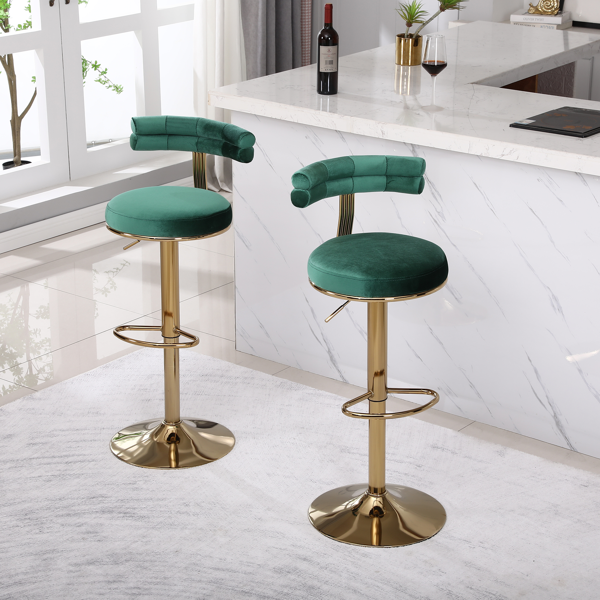 Kadyn Adjustable Swivel Bar Stools Chair with Back and Footrest, Set of 2, Green