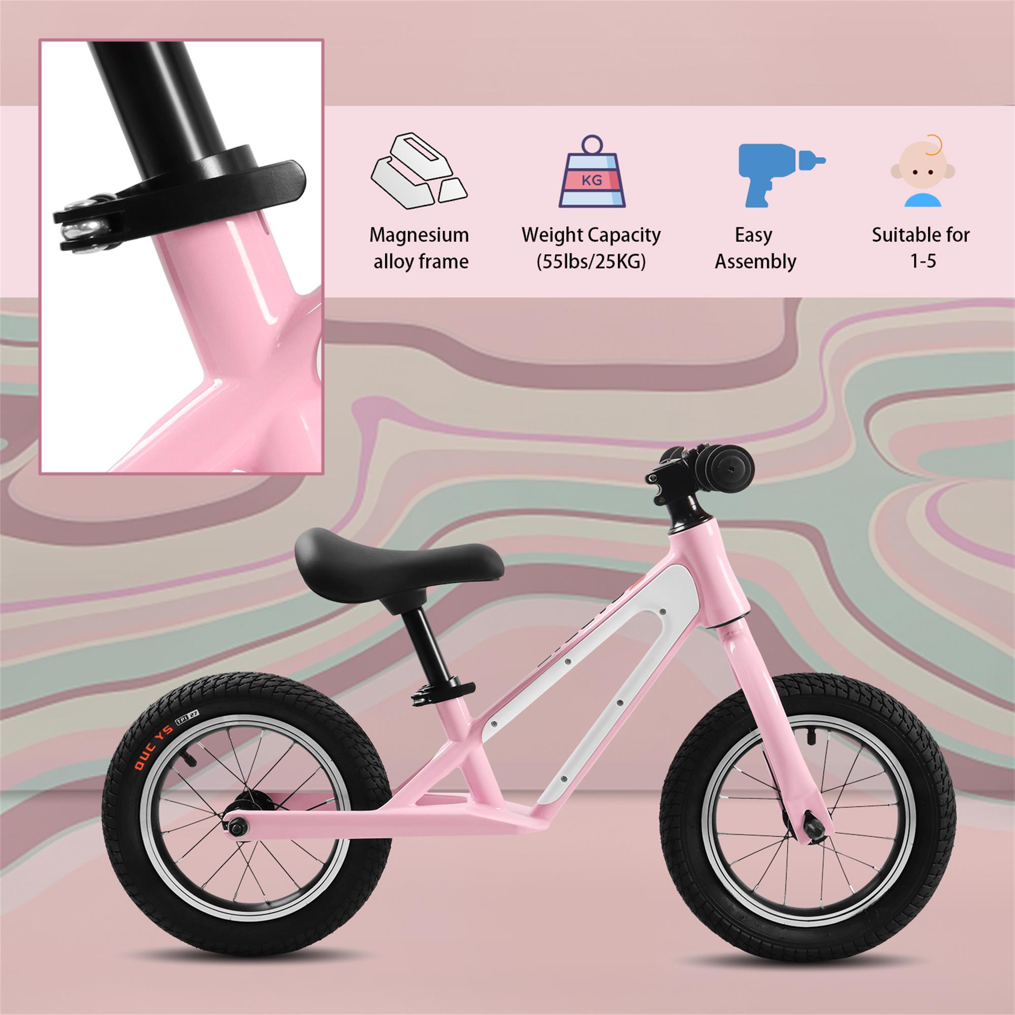 CIPACHO Kids Balance Bike with 12" Rubber Foam Tires, Adjustable Seat, Magnesium Alloy Frame Toddler Bike for Kids 1-5 Years, Pink