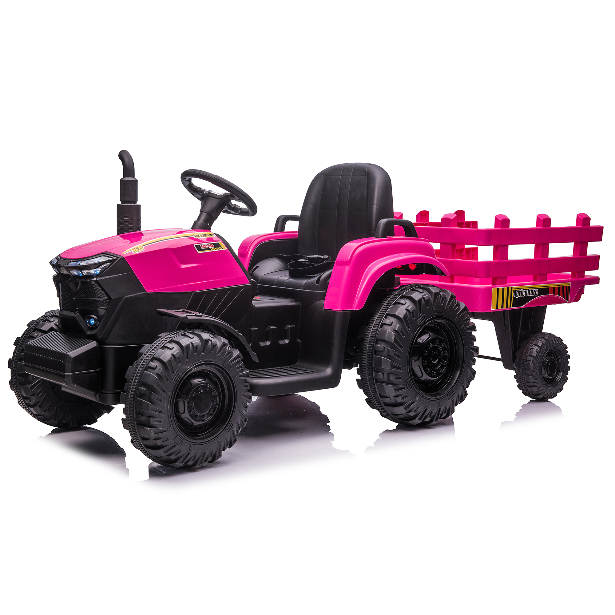 CIPACHO 24V Double Drive Ride On Tractor with Trailer, Electric Kids Car with 2.4RC Key Start, Sound (no music), USB, MP3, Power Display, Pink