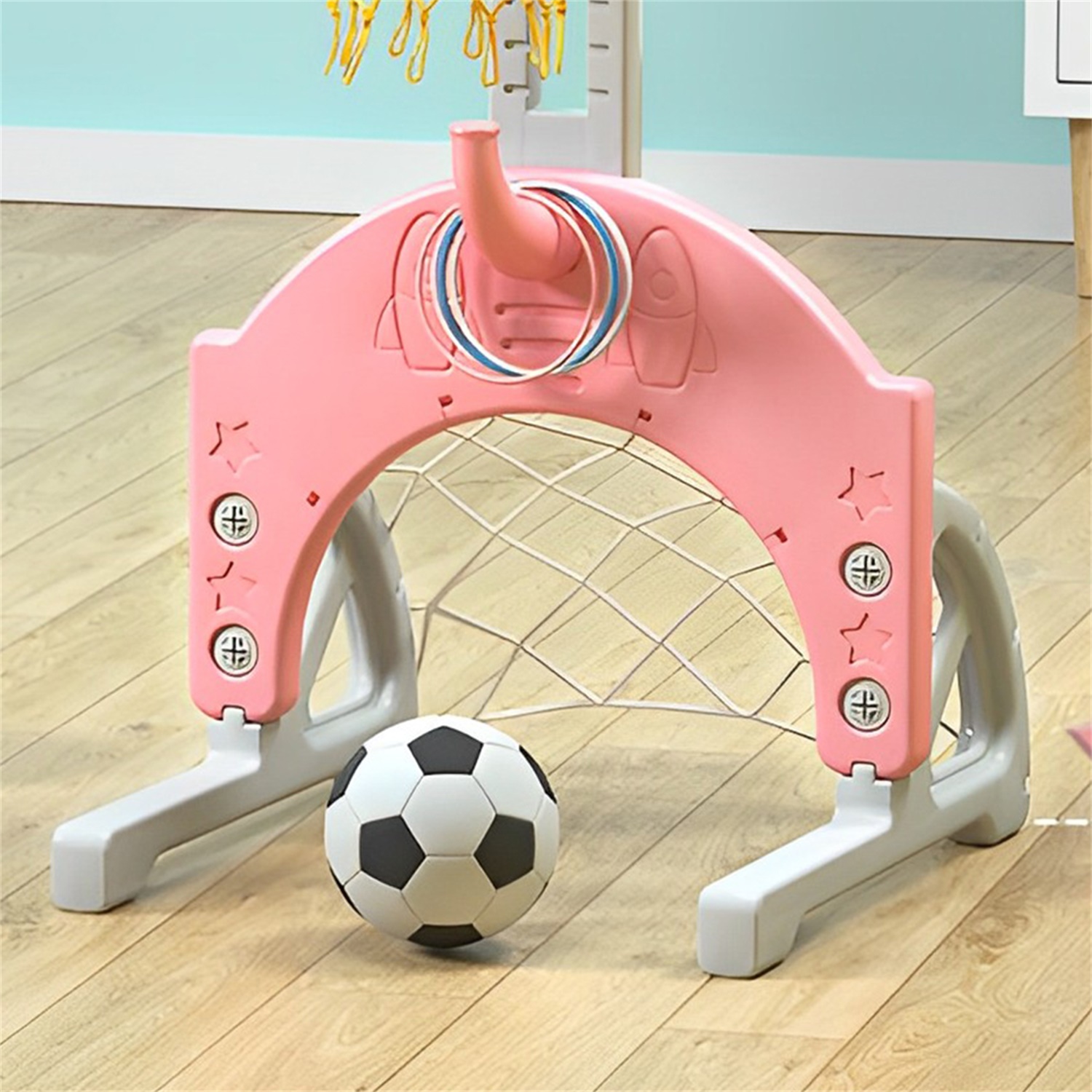 CIPACHO Adjustable Height Cartoon Cat Kids Basketball Stand, 3-in-1 Indoor Activity Center, Pink