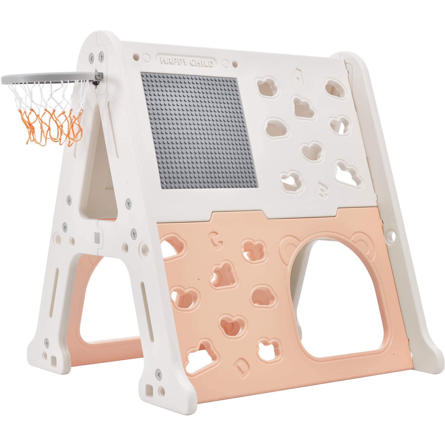 CIPACHO 5-in-1 Toddler Climber Playset with Basketball Hoop, Tunnel, Art Drawing Board, Toy Building Block Baseplates, Pink