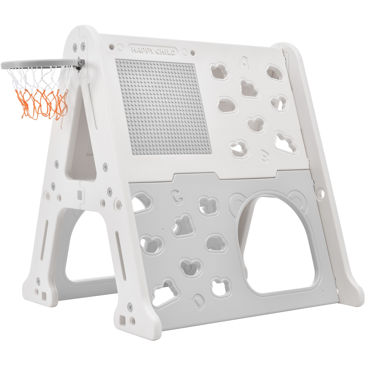 CIPACHO 5-in-1 Toddler Climber Playset with Basketball Hoop, Tunnel, Art Drawing Board, Toy Building Block Baseplates, Gray