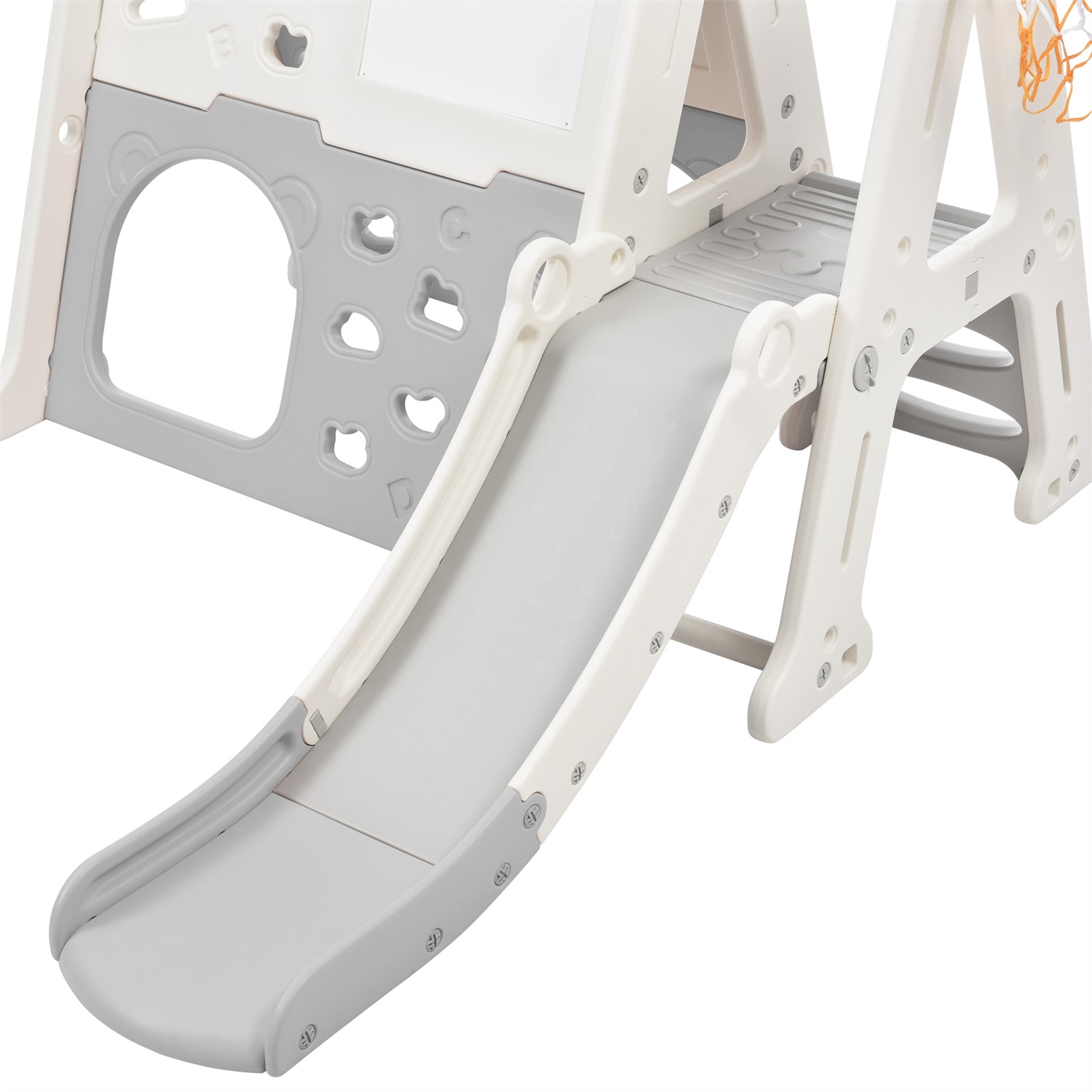 CIPACHO 7-in-1 Toddler Climber Basketball Hoop Slide Set with Tunnel, Whiteboard for Toddlers Age 1-5, Gray