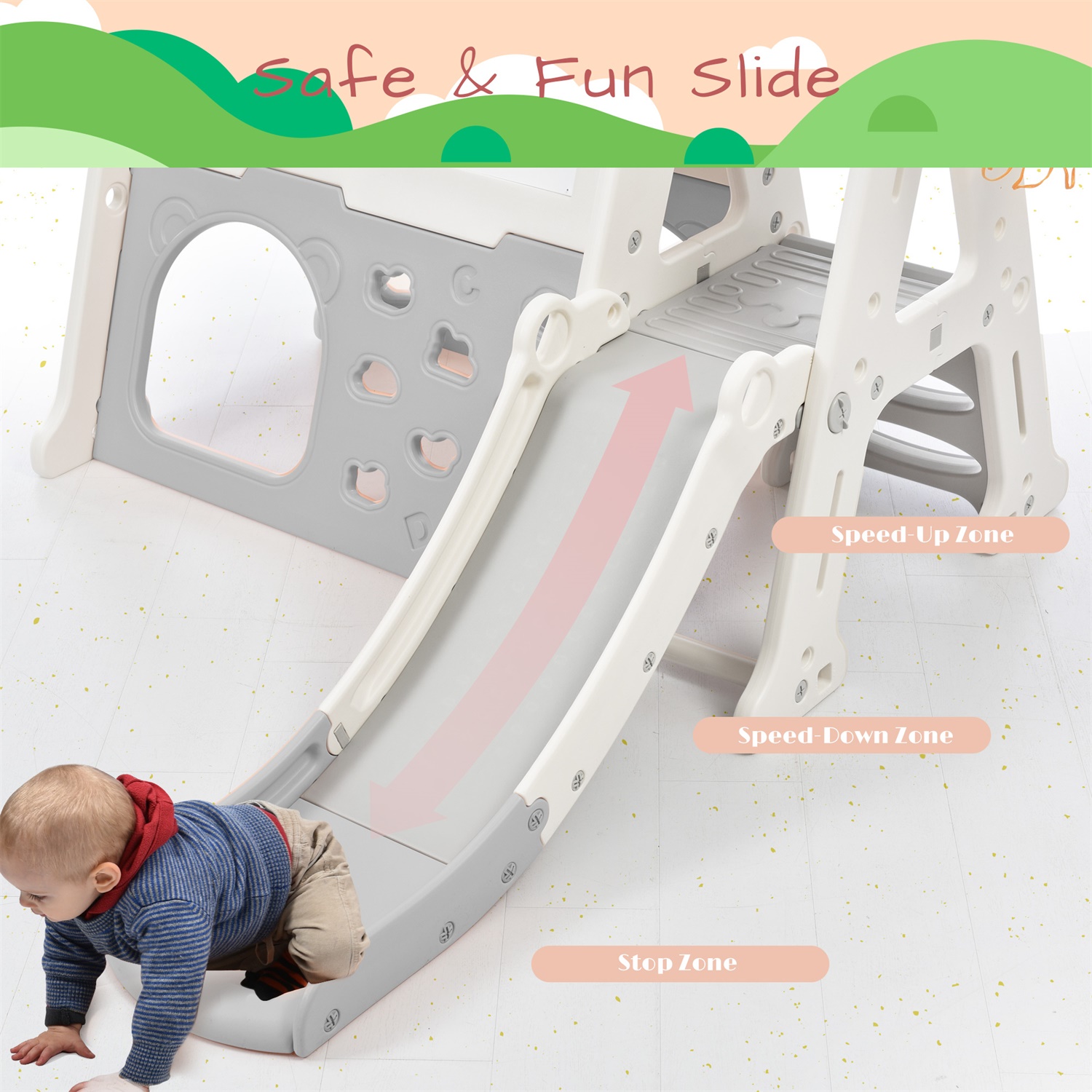 CIPACHO 7-in-1 Toddler Climber Basketball Hoop Slide Set with Tunnel, Whiteboard for Toddlers Age 1-5, Gray