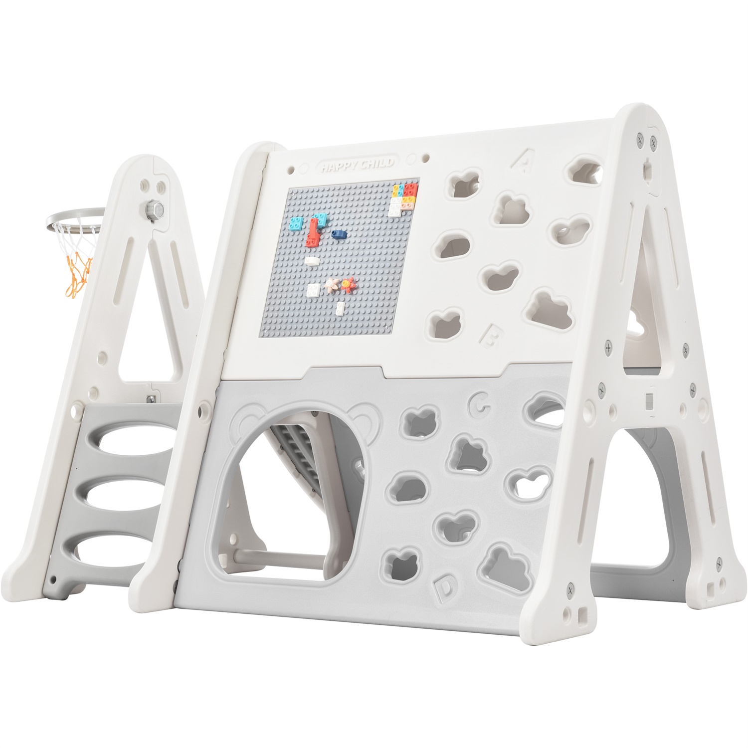 CIPACHO 7-in-1 Toddler Climber Slide Playset with Basketball Hoop, Tunnel, Art Drawing Board, Toy Building Block Baseplates, Gray