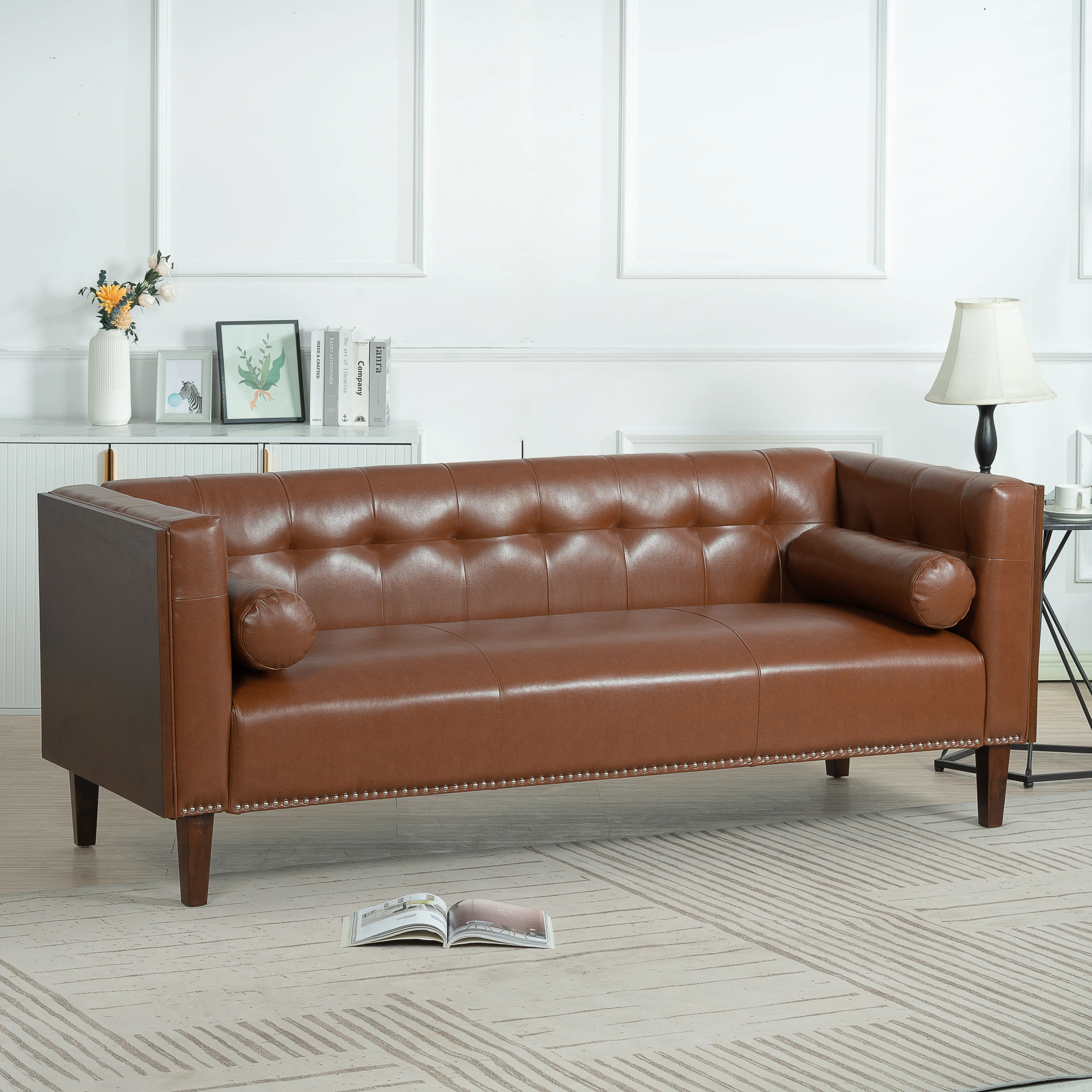 Canddidliike Traditional Sofa Couches for Living Room, Upholstered 3 seater Sofa Square Arm Brown